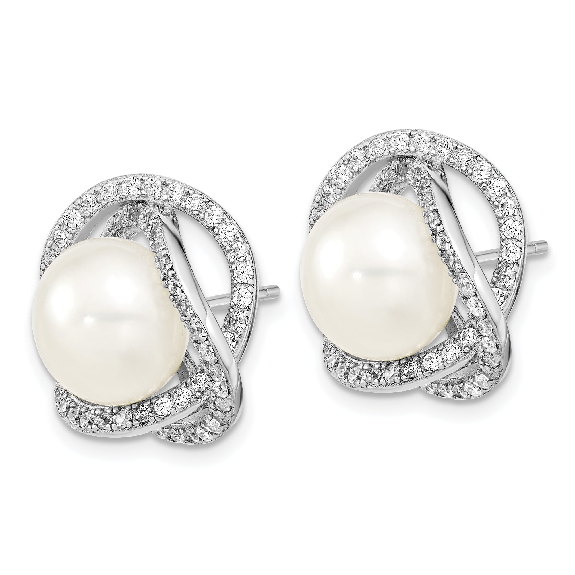 Sterling Silver Rhodium-plated 10-12mm White Button Freshwater Cultured Pearl and CZ 17 inch Necklace and Post Earrings Set