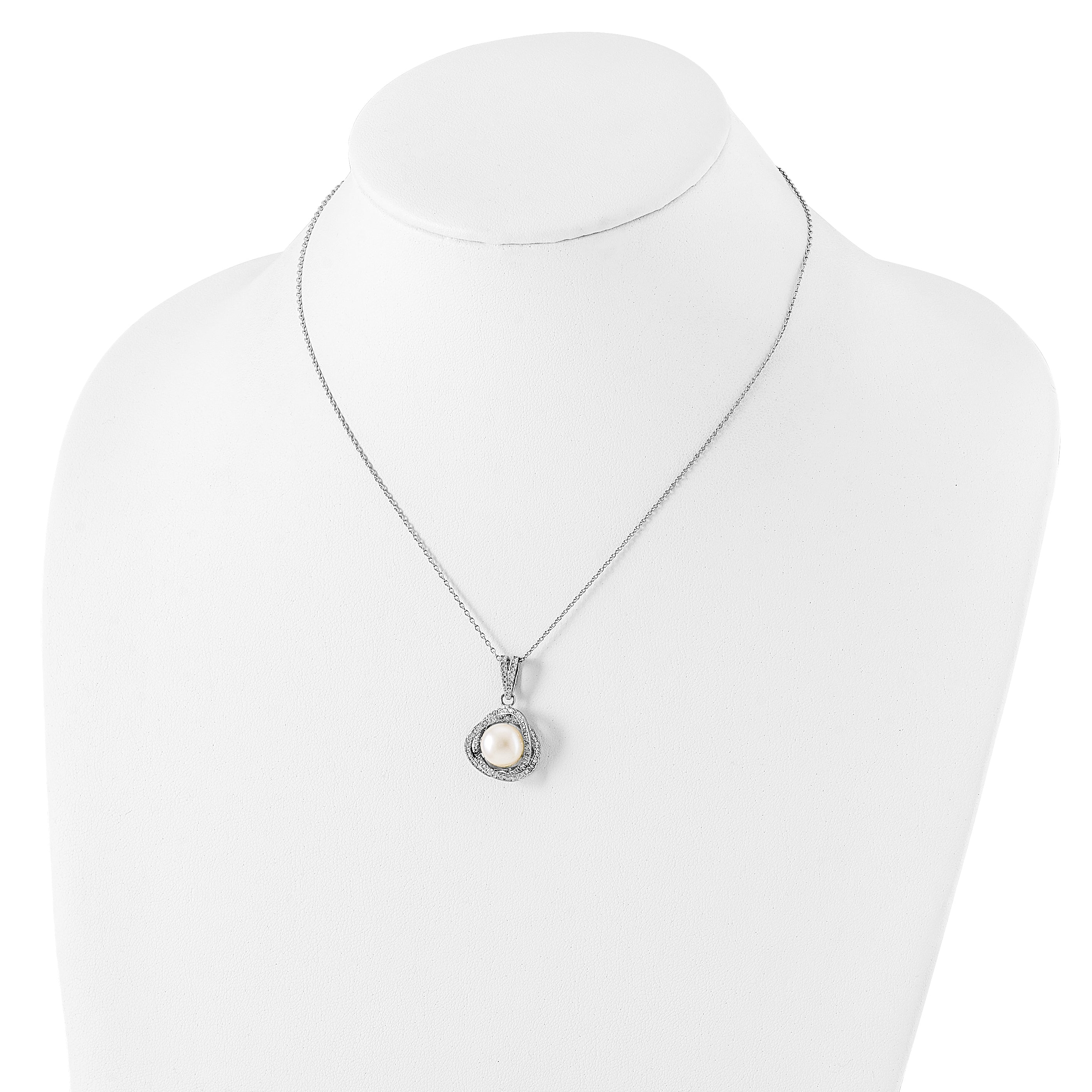 Sterling Silver Rhodium-plated 10-12mm White Button Freshwater Cultured Pearl and CZ 17 inch Necklace and Post Earrings Set