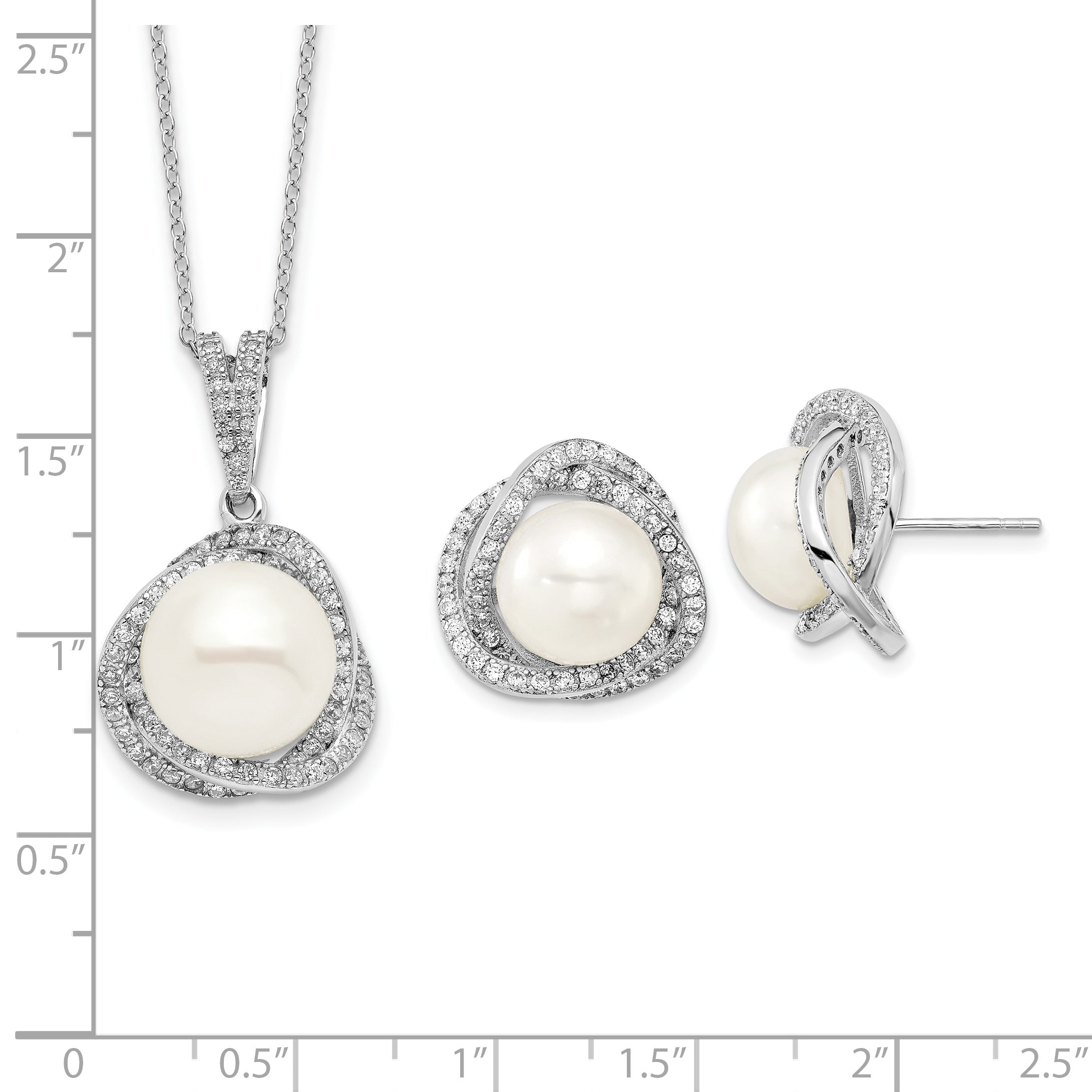 Sterling Silver Rhodium-plated 10-12mm White Button Freshwater Cultured Pearl and CZ 17 inch Necklace and Post Earrings Set