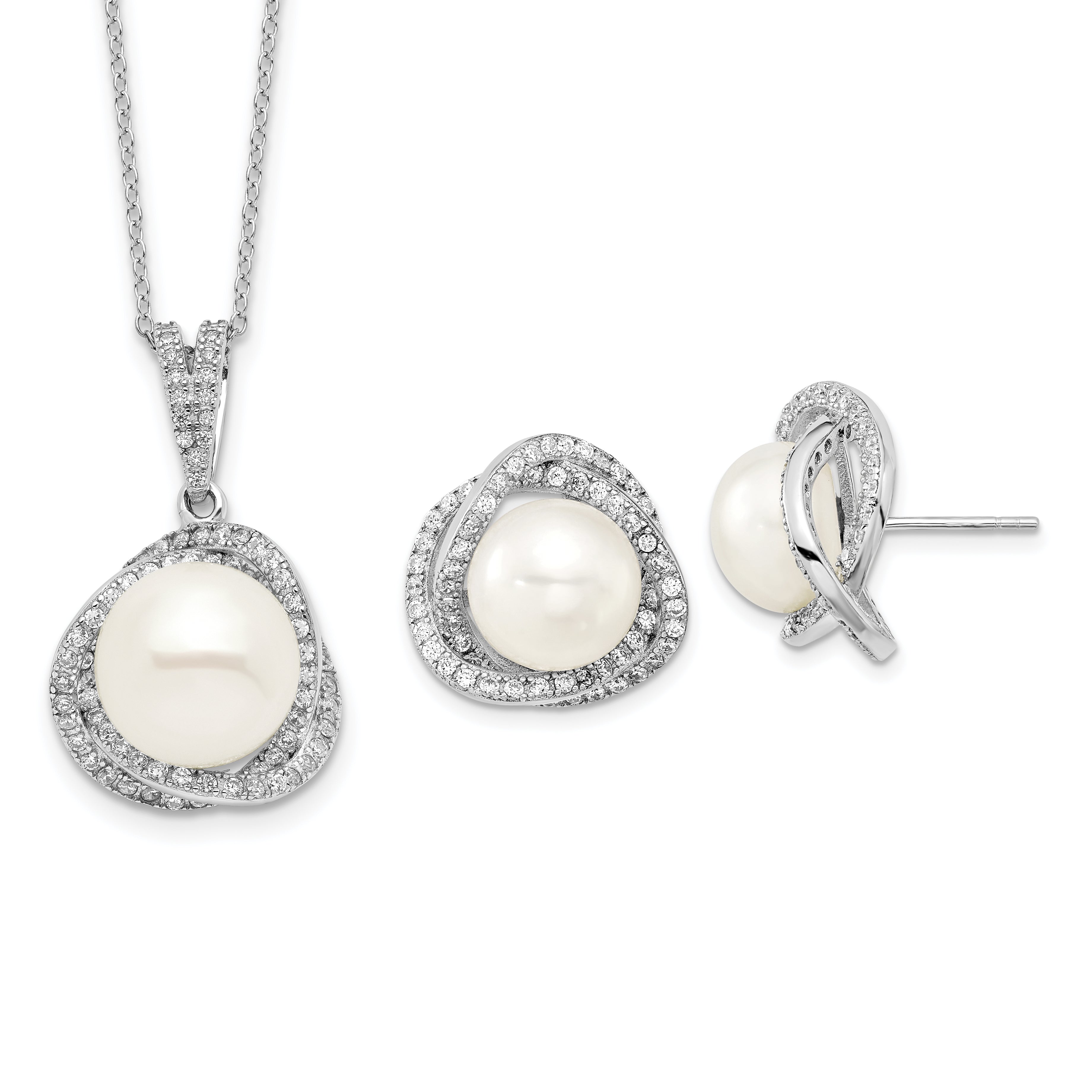 Sterling Silver Rhodium-plated 10-12mm White Button Freshwater Cultured Pearl and CZ 17 inch Necklace and Post Earrings Set
