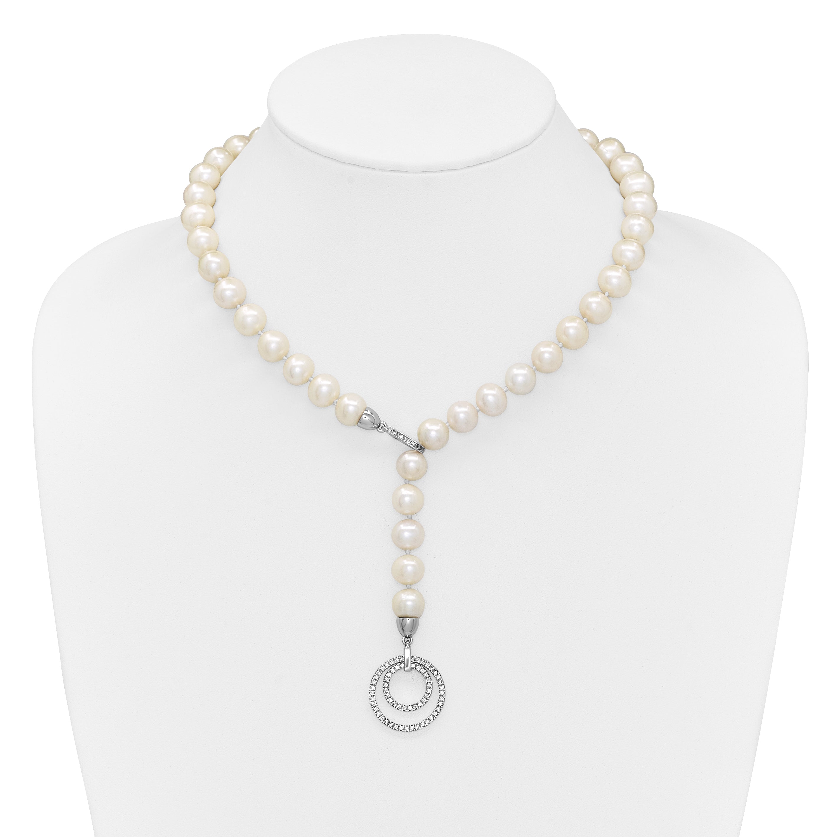 Sterling Silver Rhodium-plated 10-11mm White Near-Round Freshwater Cultured Pearl and CZ Clasp Adjustable 19.5 inch Necklace