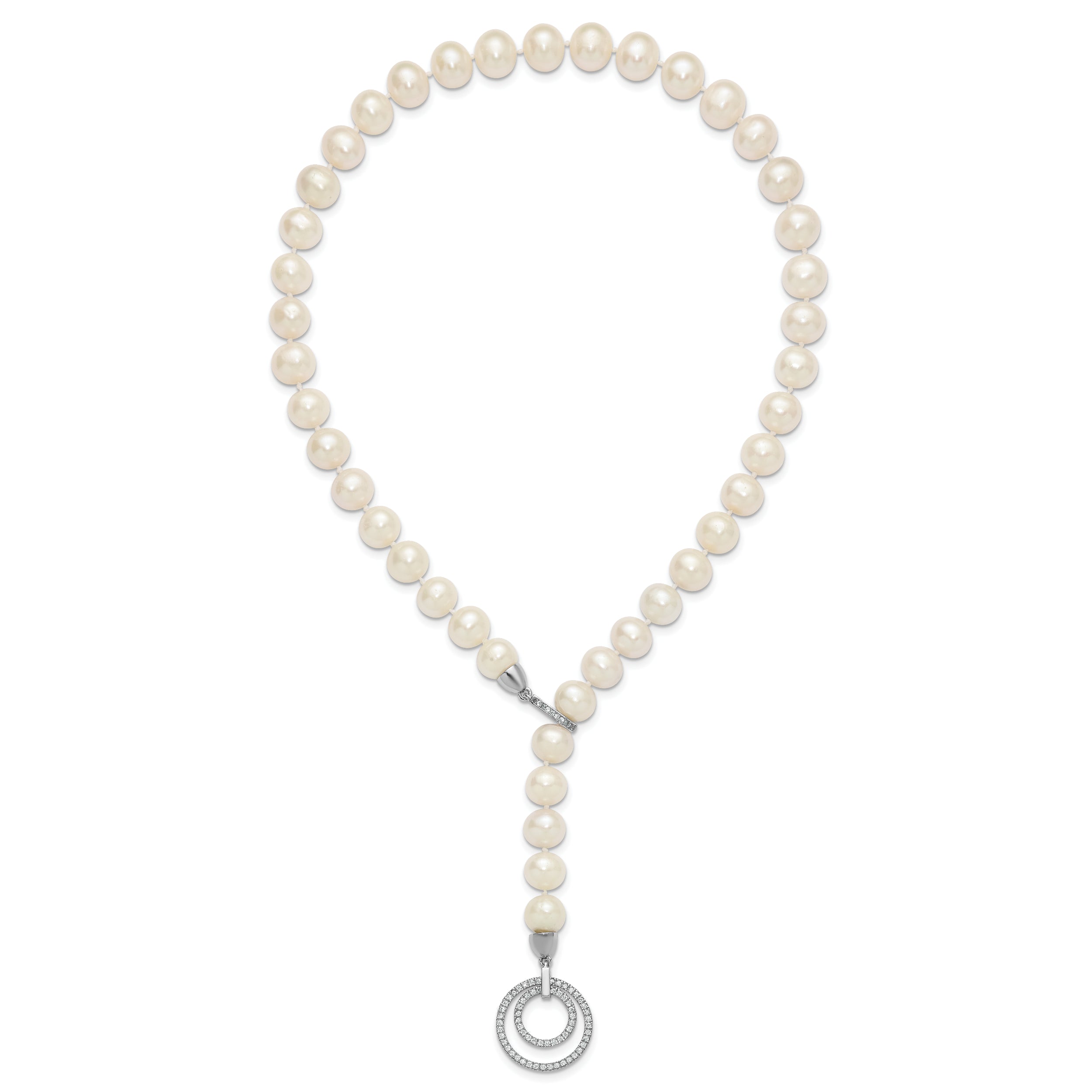Sterling Silver Rhodium-plated 10-11mm White Near-Round Freshwater Cultured Pearl and CZ Clasp Adjustable 19.5 inch Necklace
