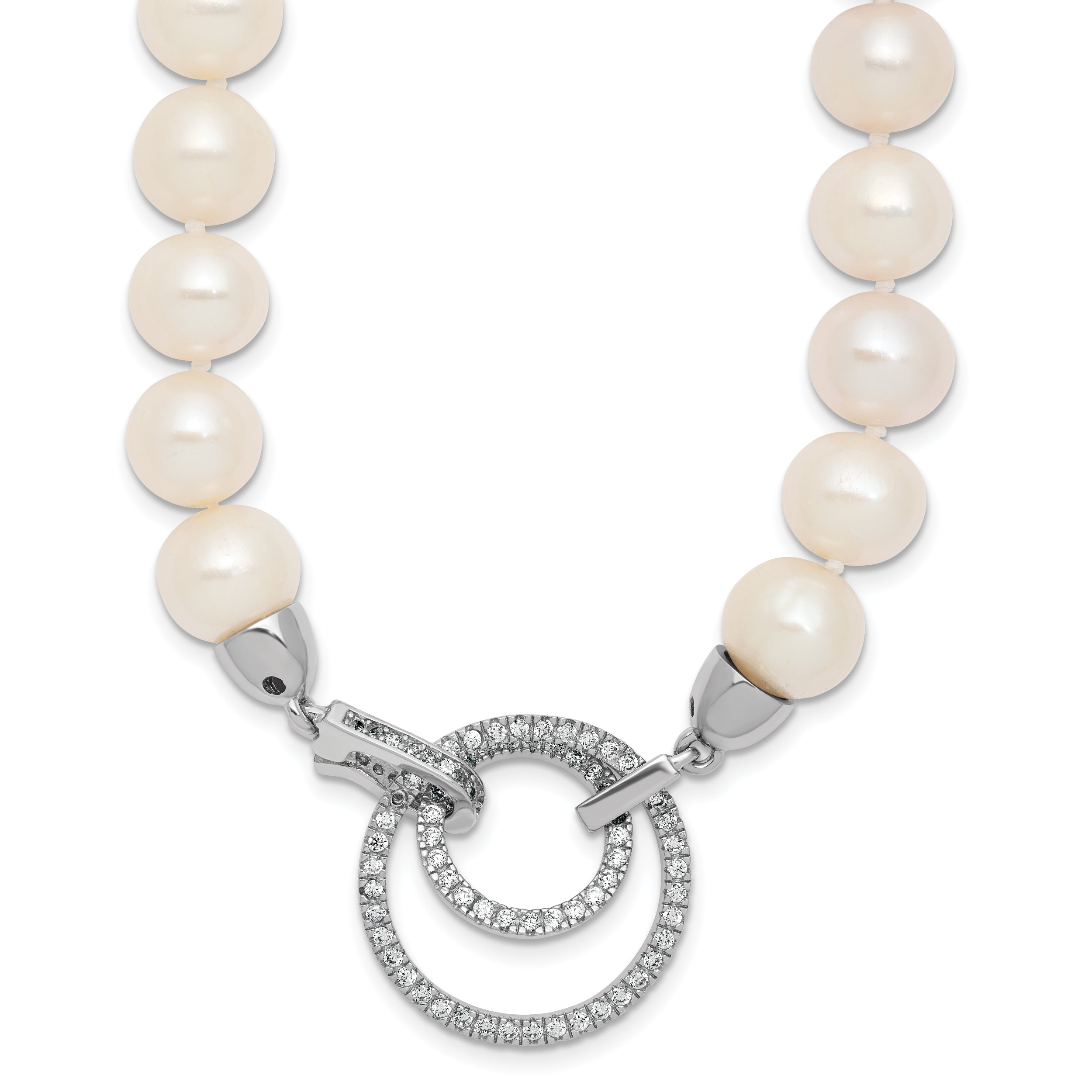 Sterling Silver Rhodium-plated 10-11mm White Near-Round Freshwater Cultured Pearl and CZ Clasp Adjustable 19.5 inch Necklace
