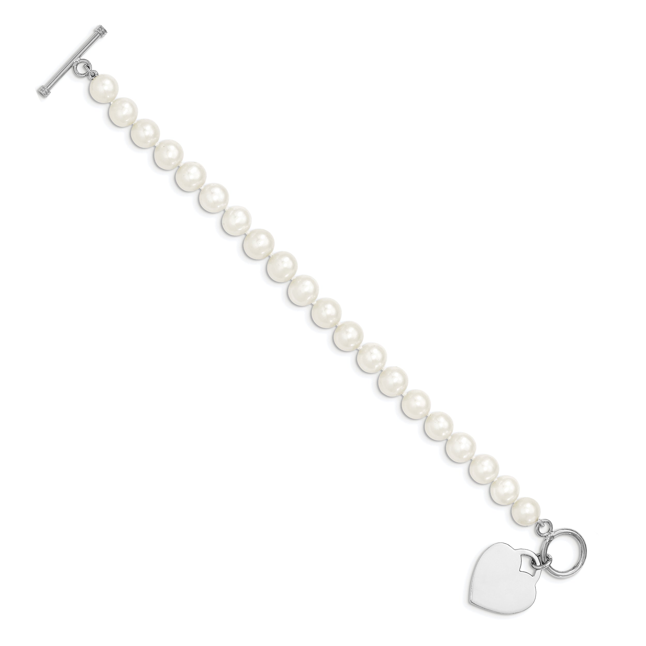 Sterling Silver Rhodium-plated 8-9mm White Near-Round Freshwater Cultured Pearl Heart Toggle 7.5 inch Bracelet