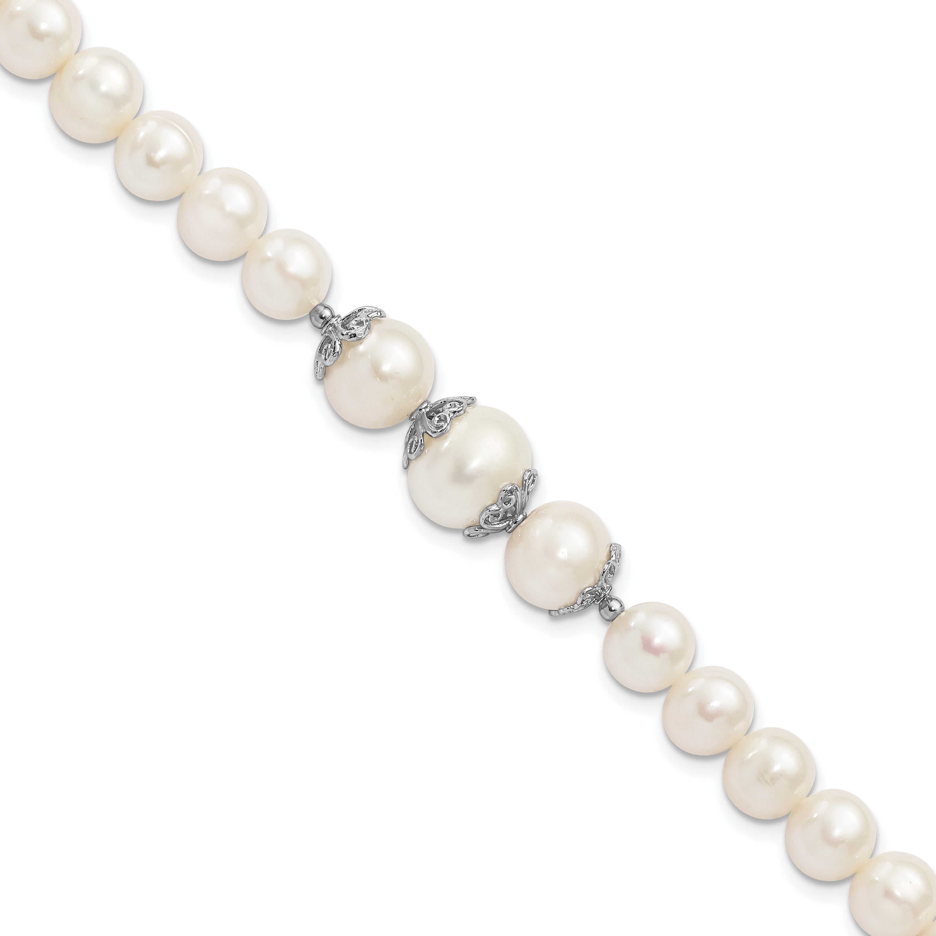 Sterling Silver Rhodium-plated 7-10mm White Near-Round Freshwater Cultured Pearl Fancy 7 inch Bracelet