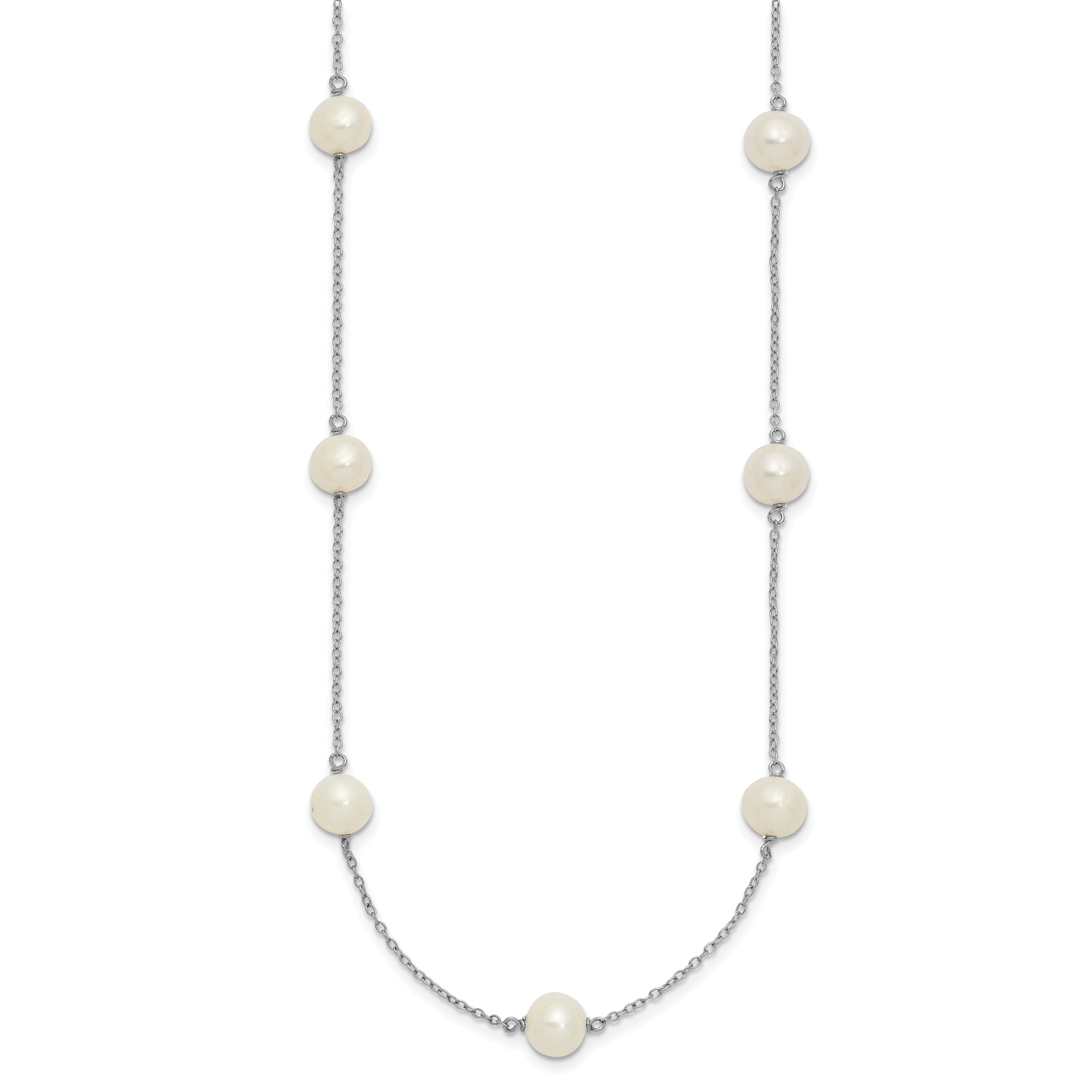 Sterling Silver Rhodium-plated 7-8mm White Near-Round Freshwater Cultured Pearl 9-Station 16 inch Necklace