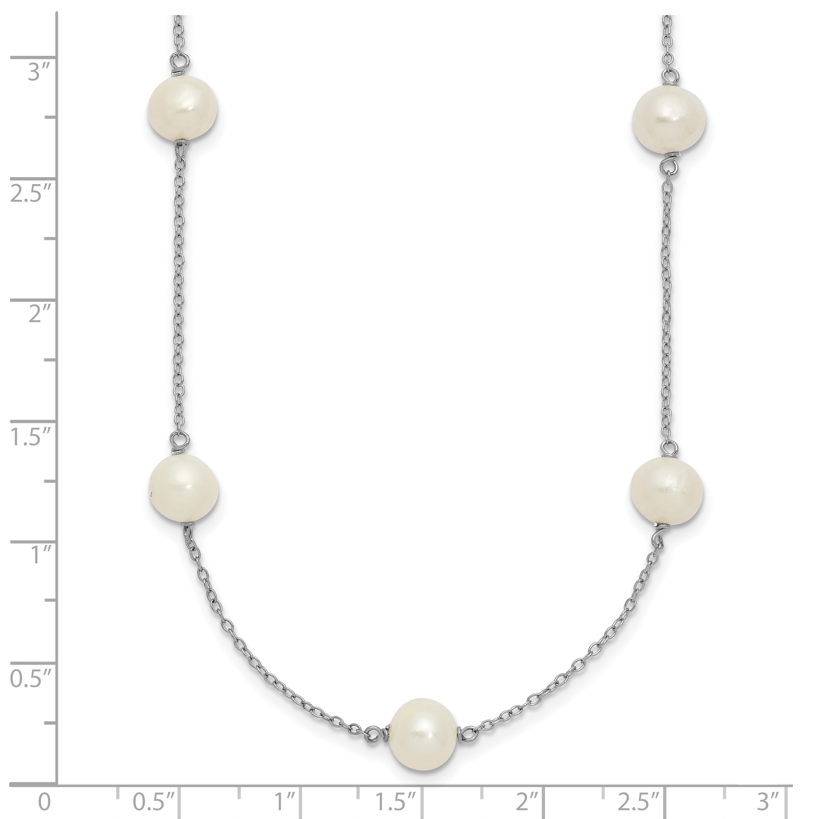 Sterling Silver Rhodium-plated 7-8mm White Near-Round Freshwater Cultured Pearl 9-Station 16 inch Necklace