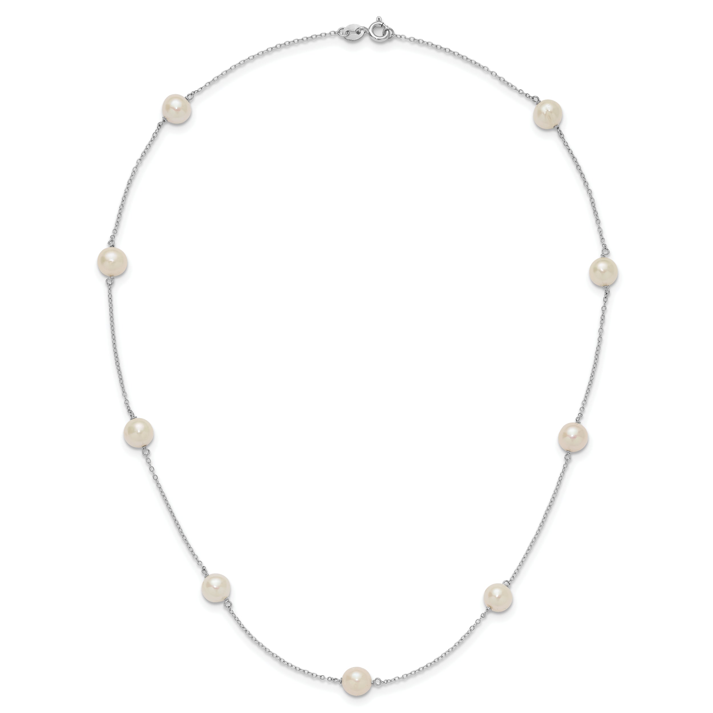 Sterling Silver Rhodium-plated 7-8mm White Near-Round Freshwater Cultured Pearl 9-Station 16 inch Necklace