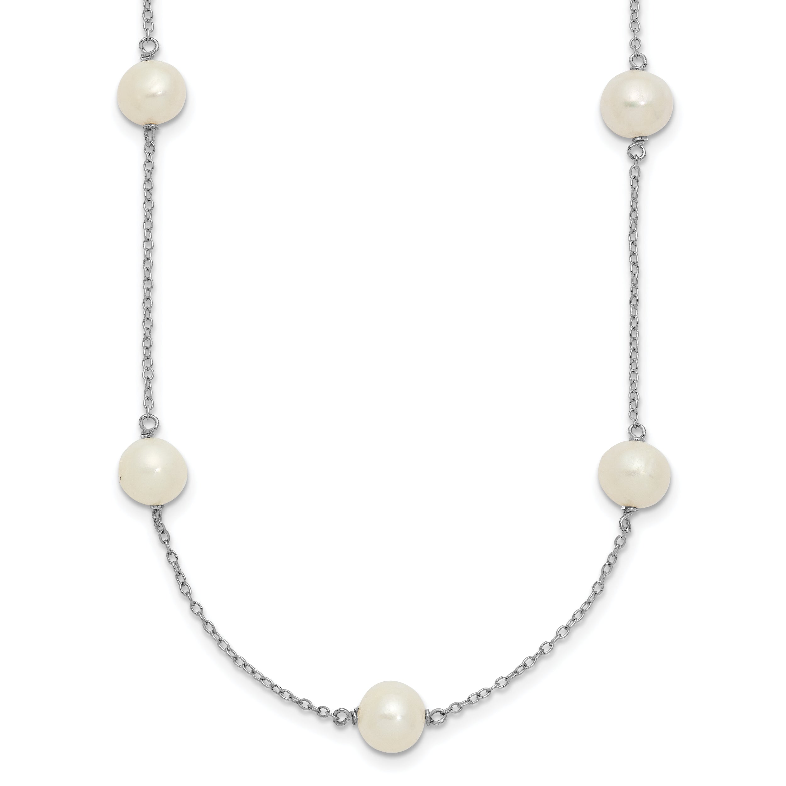 Sterling Silver Rhodium-plated 7-8mm White Near-Round Freshwater Cultured Pearl 9-Station 16 inch Necklace