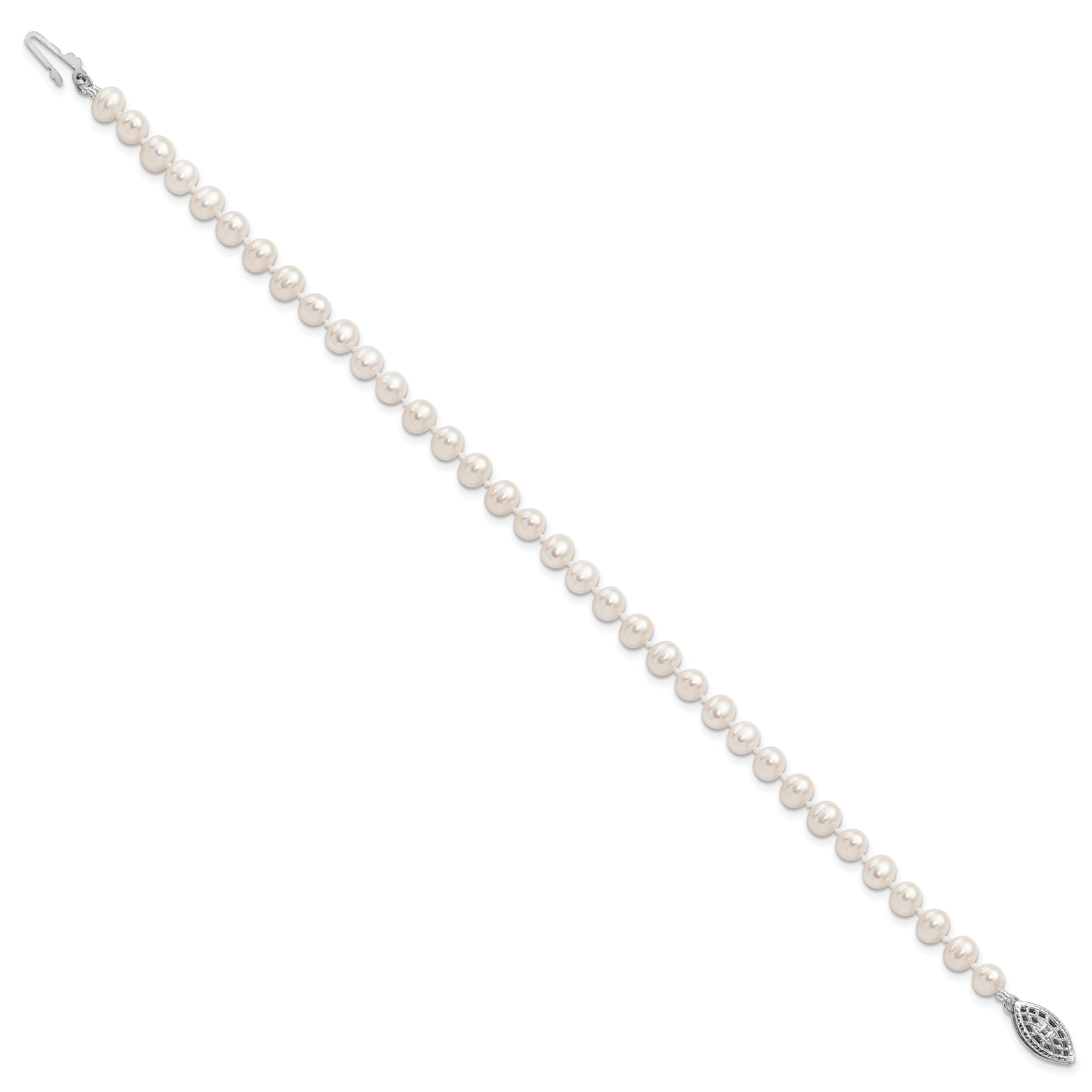 Sterling Silver Rhodium-plated 4-5mm White Near-Round Freshwater Cultured Pearl 7.25 inch Bracelet
