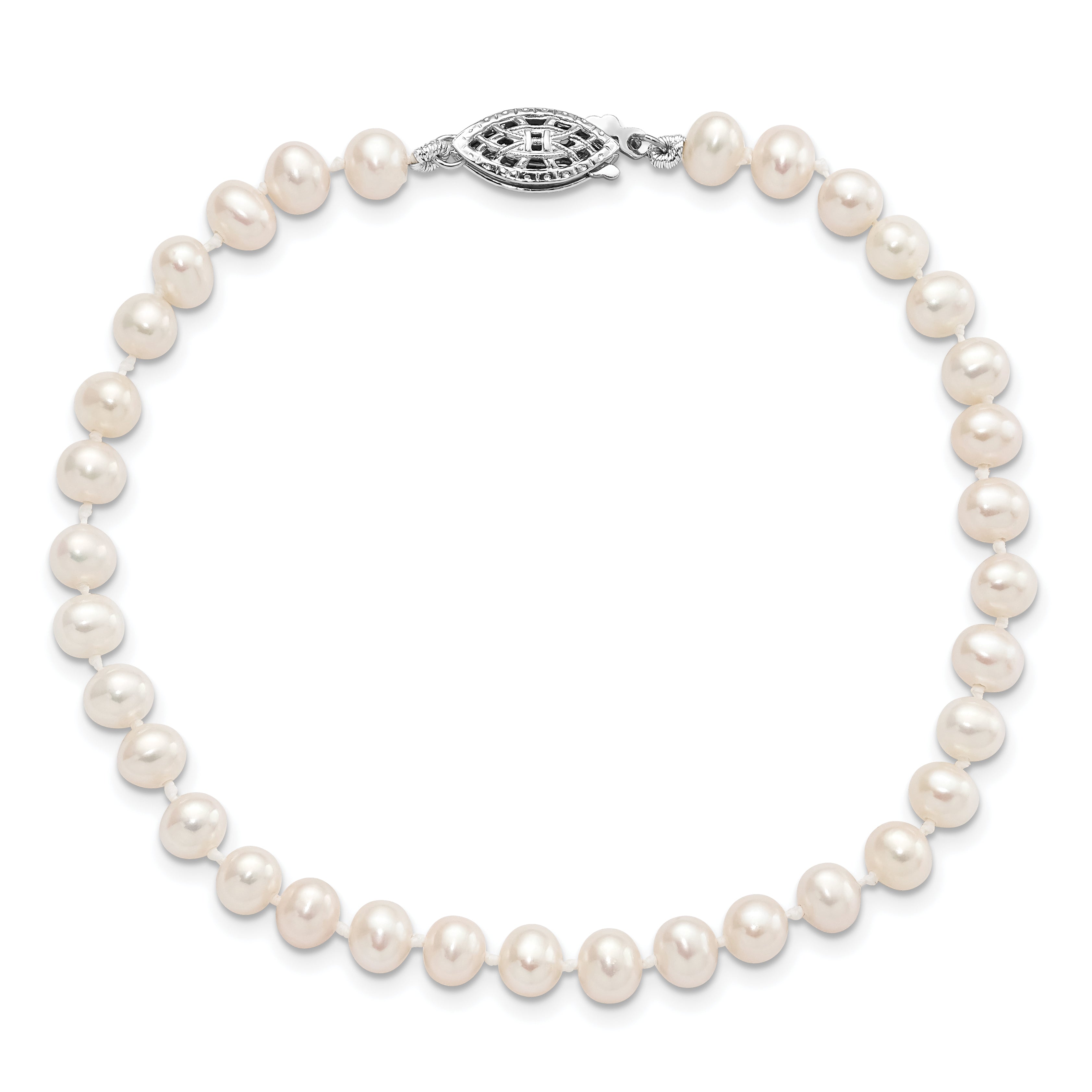 Sterling Silver Rhodium-plated 4-5mm White Near-Round Freshwater Cultured Pearl 7.25 inch Bracelet