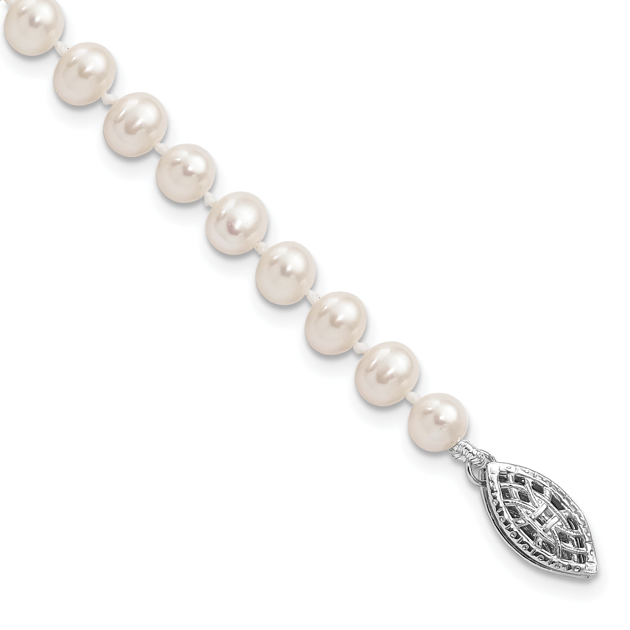 Sterling Silver Rhodium-plated 4-5mm White Near-Round Freshwater Cultured Pearl 7.25 inch Bracelet