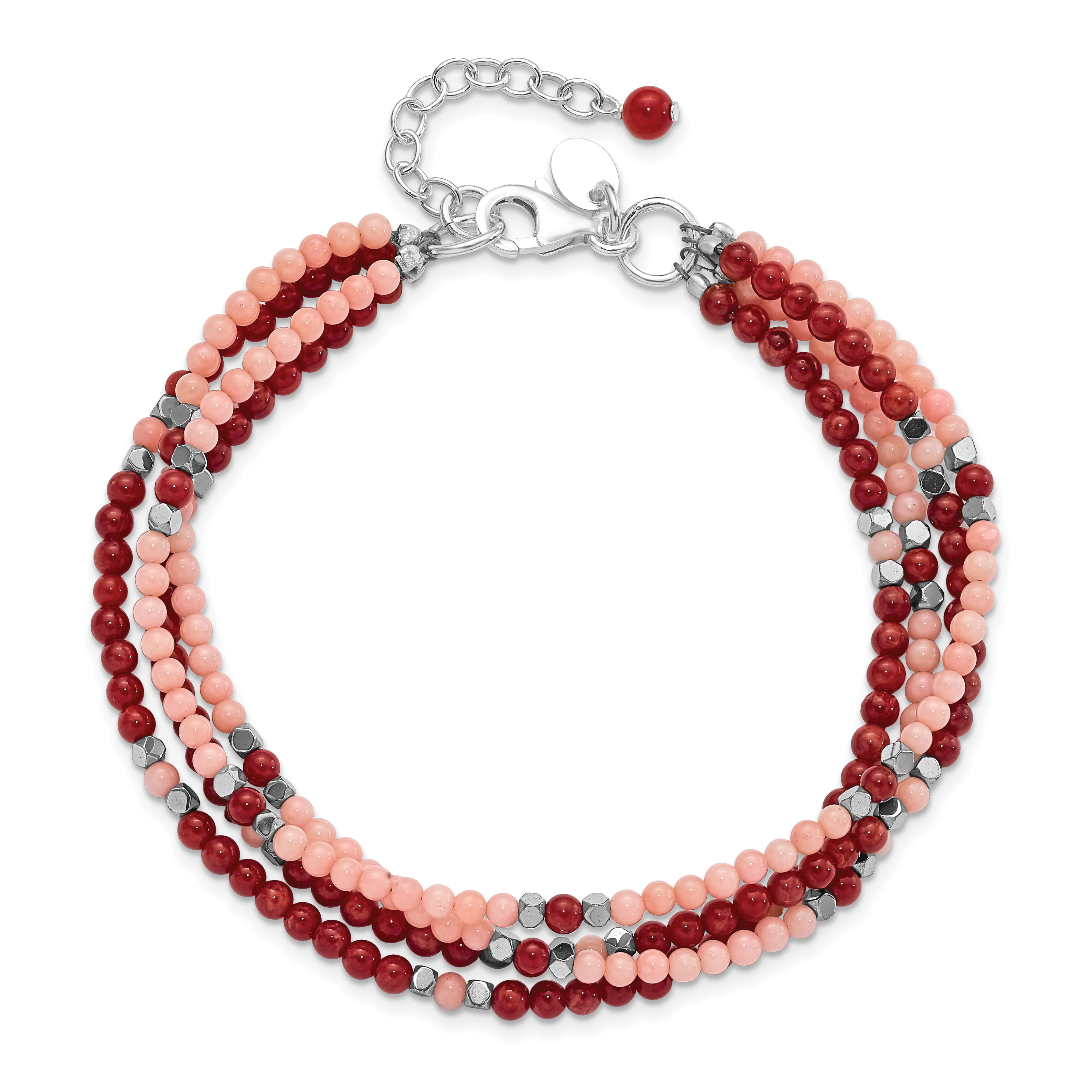 Sterling Silver Hematite, Red & Peach Coral 4-Strand w/1in ext. Bracelet