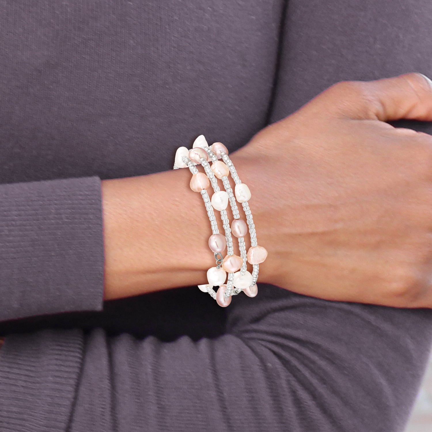 6-7Mm Multicolored Baroque Freshwater Cultured Pearl And Glass Beaded Wrap Bracelet