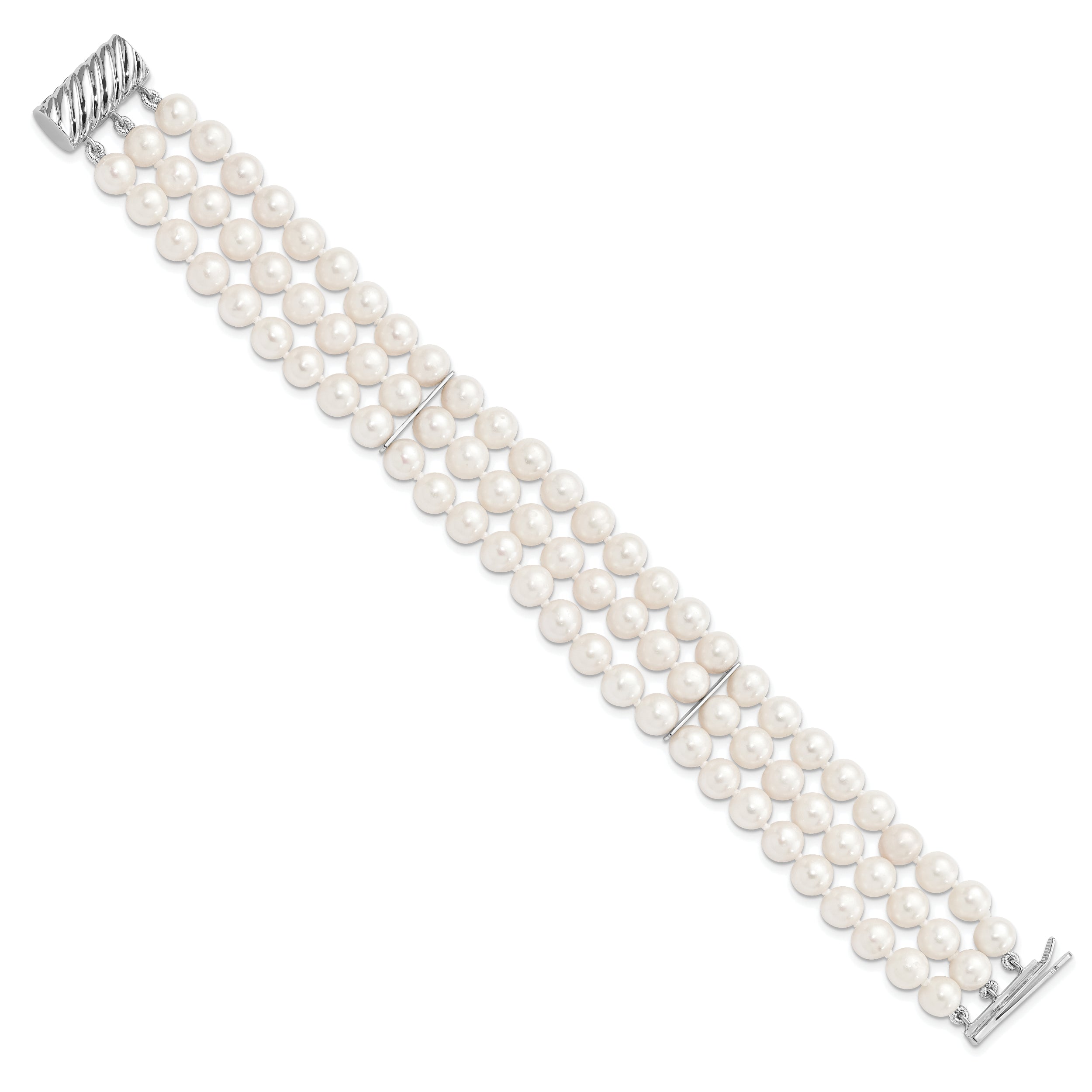 Sterling Silver Rhodium-plated 6-7mm White Near-Round Freshwater Cultured Pearl 3-Strand 7.5 inch Bracelet