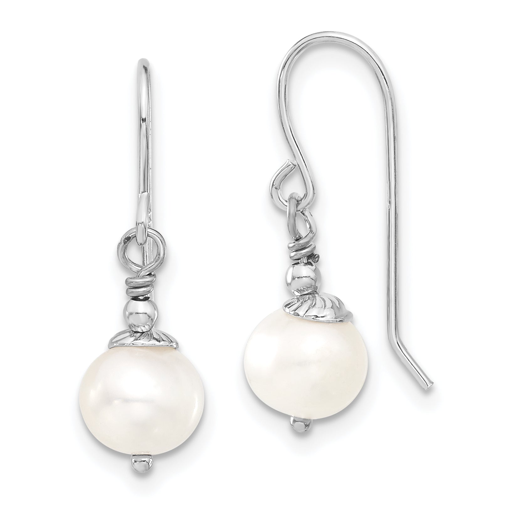 Sterling Silver Rhodium-plated 7-8mm White Semi-Round Freshwater Cultured Pearl 18 inch Necklace and Dangle Earrings Set