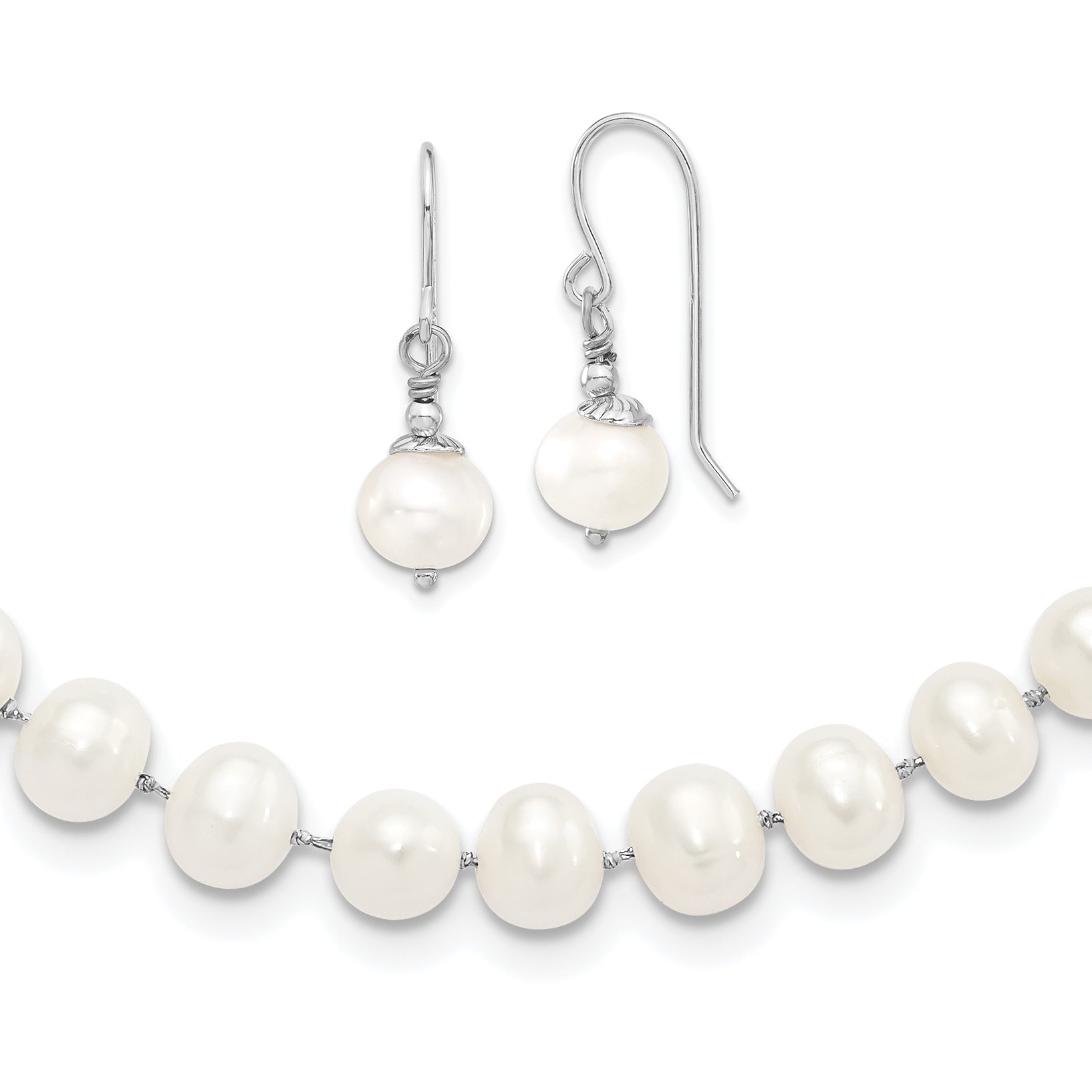 Sterling Silver Rhodium-plated 7-8mm White Semi-Round Freshwater Cultured Pearl 18 inch Necklace and Dangle Earrings Set
