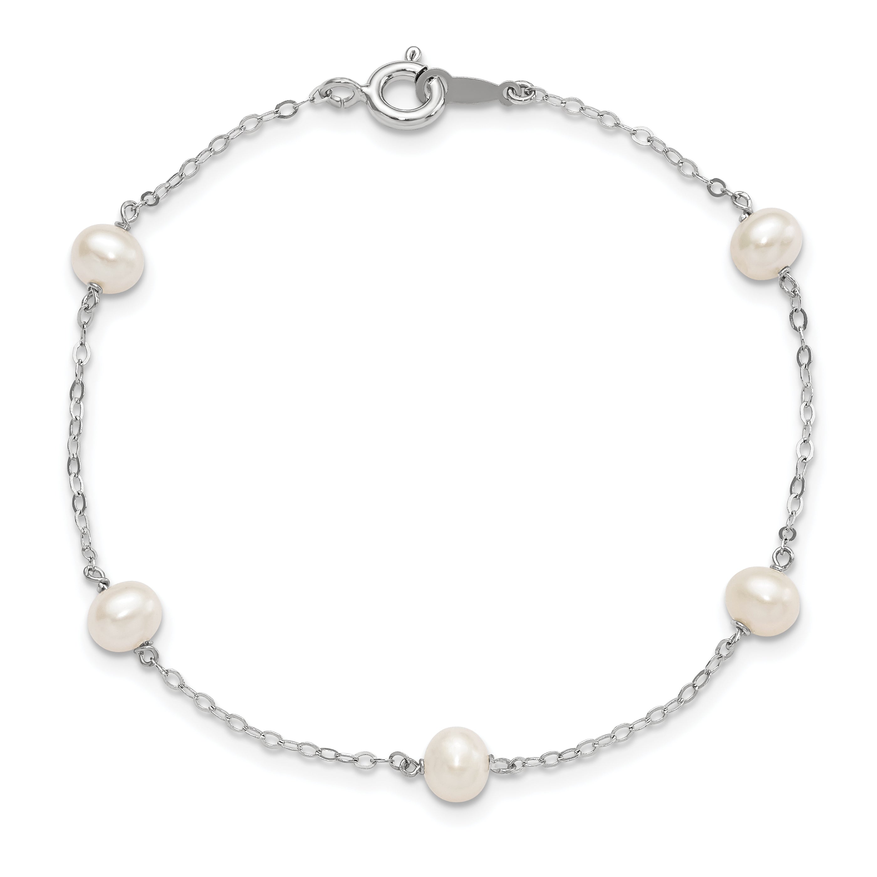 Sterling Silver Rhodium-plated 4-5mm White Semi-Round Freshwater Cultured Pearl 5-Station 7 inch Bracelet