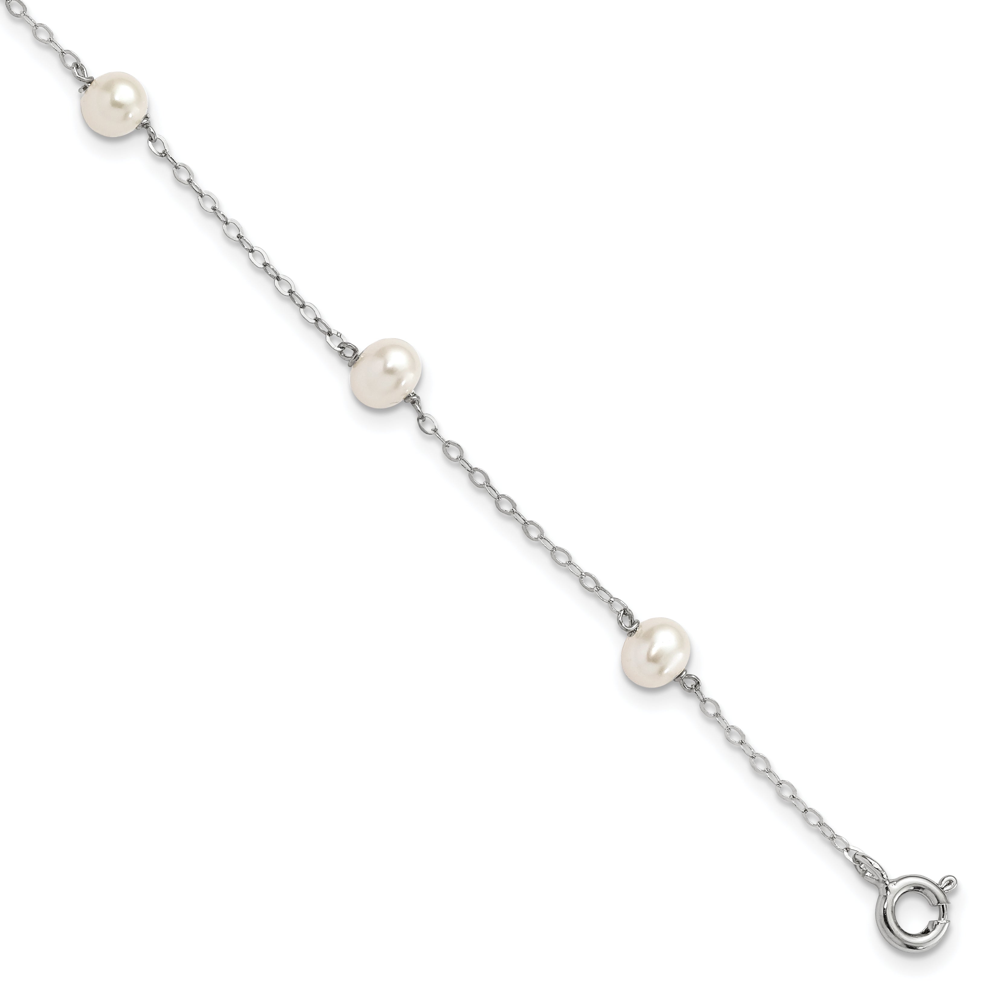 Sterling Silver Rhodium-plated 4-5mm White Semi-Round Freshwater Cultured Pearl 5-Station 7 inch Bracelet