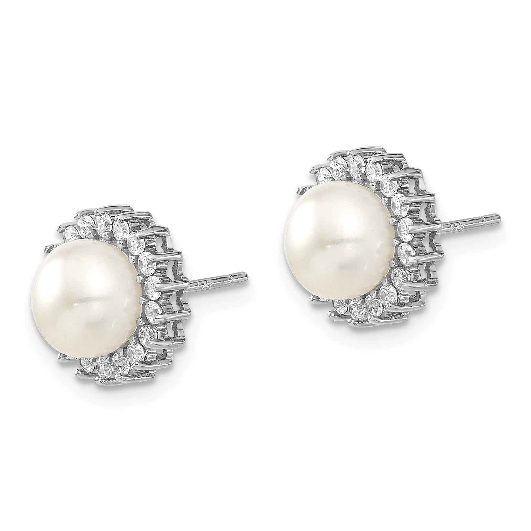 Sterling Silver Rhodium-plated 8-9mm White Button Freshwater Cultured Pearl and CZ 17 inch Necklace and Post Earrings Set