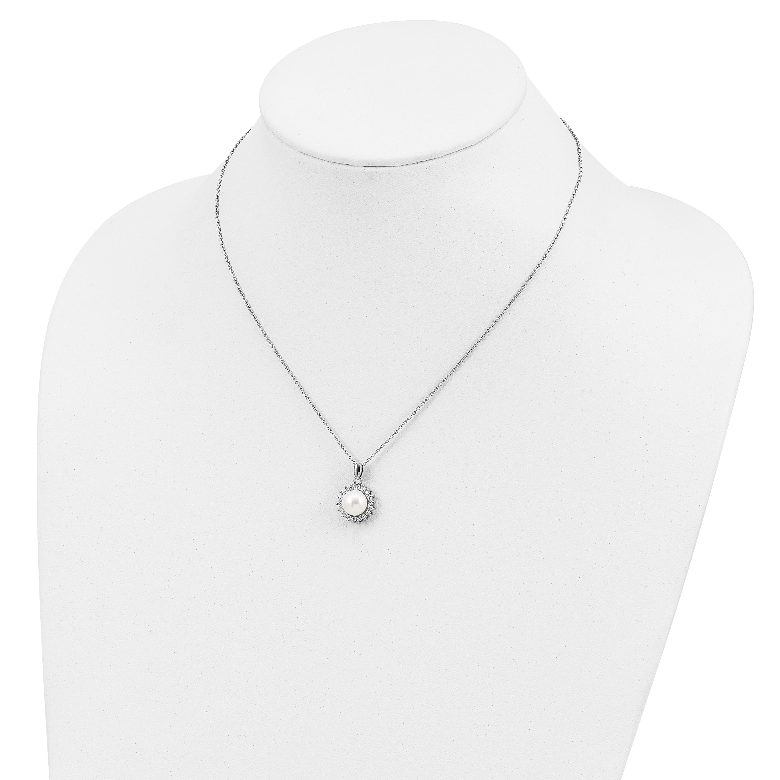 Sterling Silver Rhodium-plated 8-9mm White Button Freshwater Cultured Pearl and CZ 17 inch Necklace and Post Earrings Set