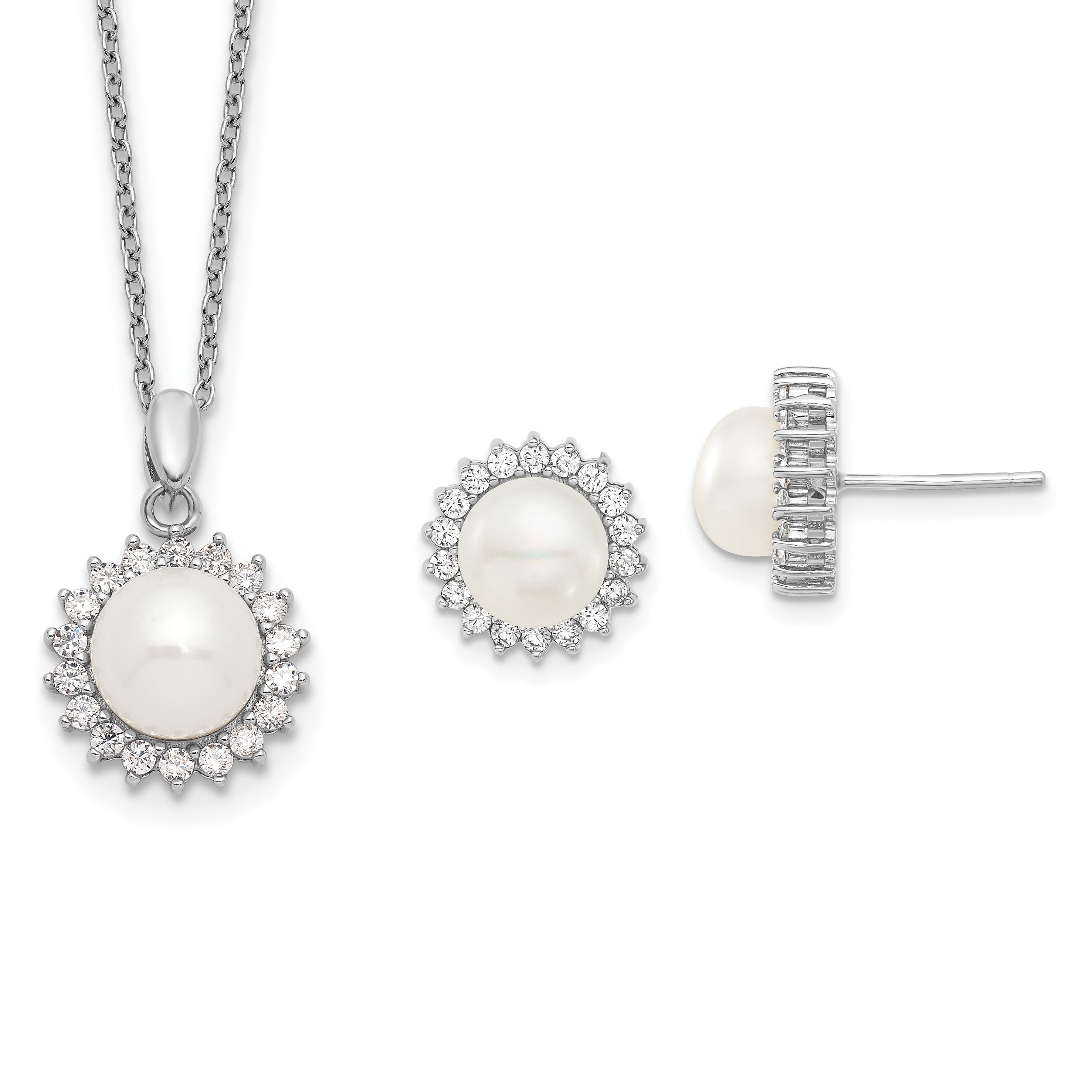 Sterling Silver Rhodium-plated 8-9mm White Button Freshwater Cultured Pearl and CZ 17 inch Necklace and Post Earrings Set