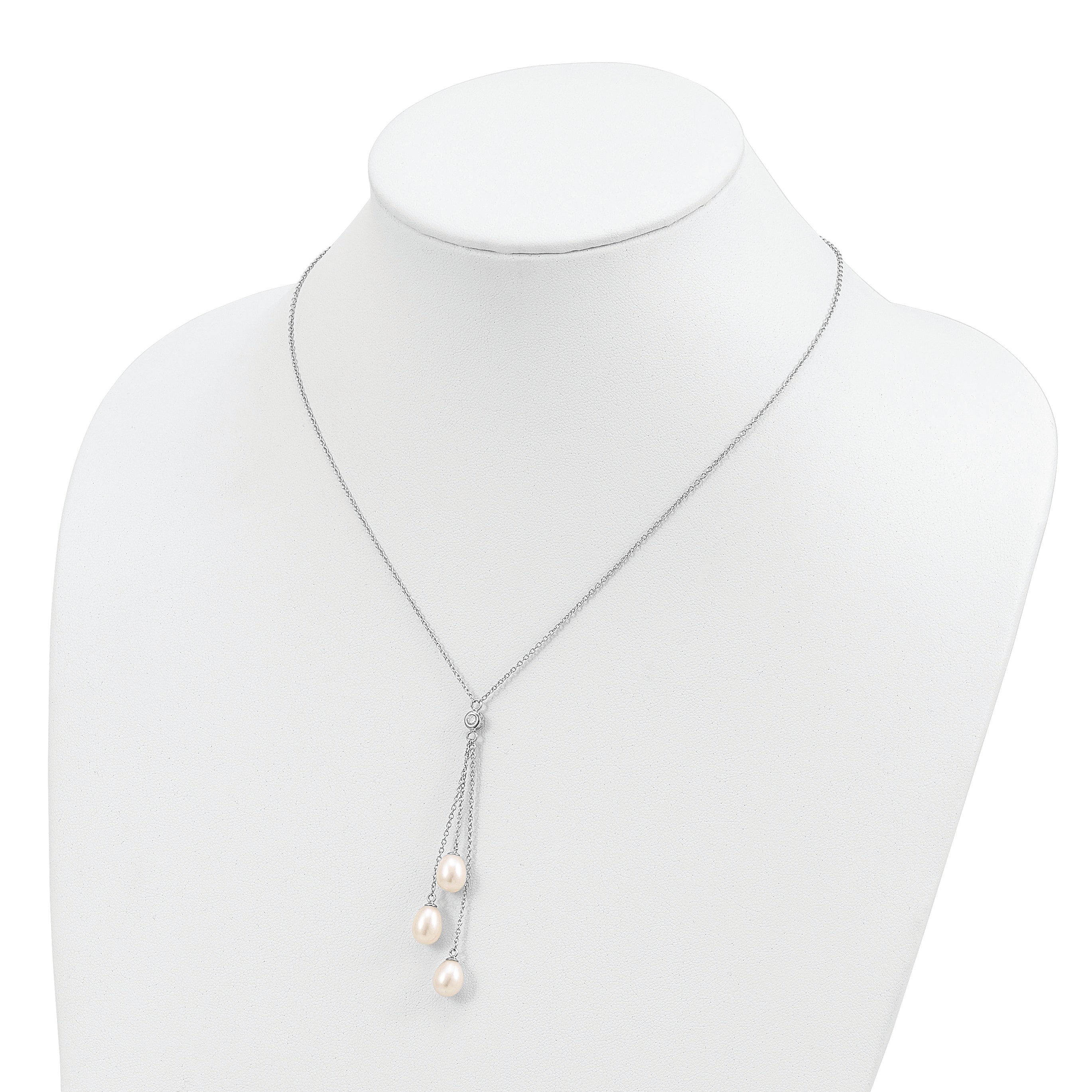 Sterling Silver Rhodium-plated 7-8mm White Teardrop Freshwater Cultured Pearl and CZ Drop 18 inch Necklace