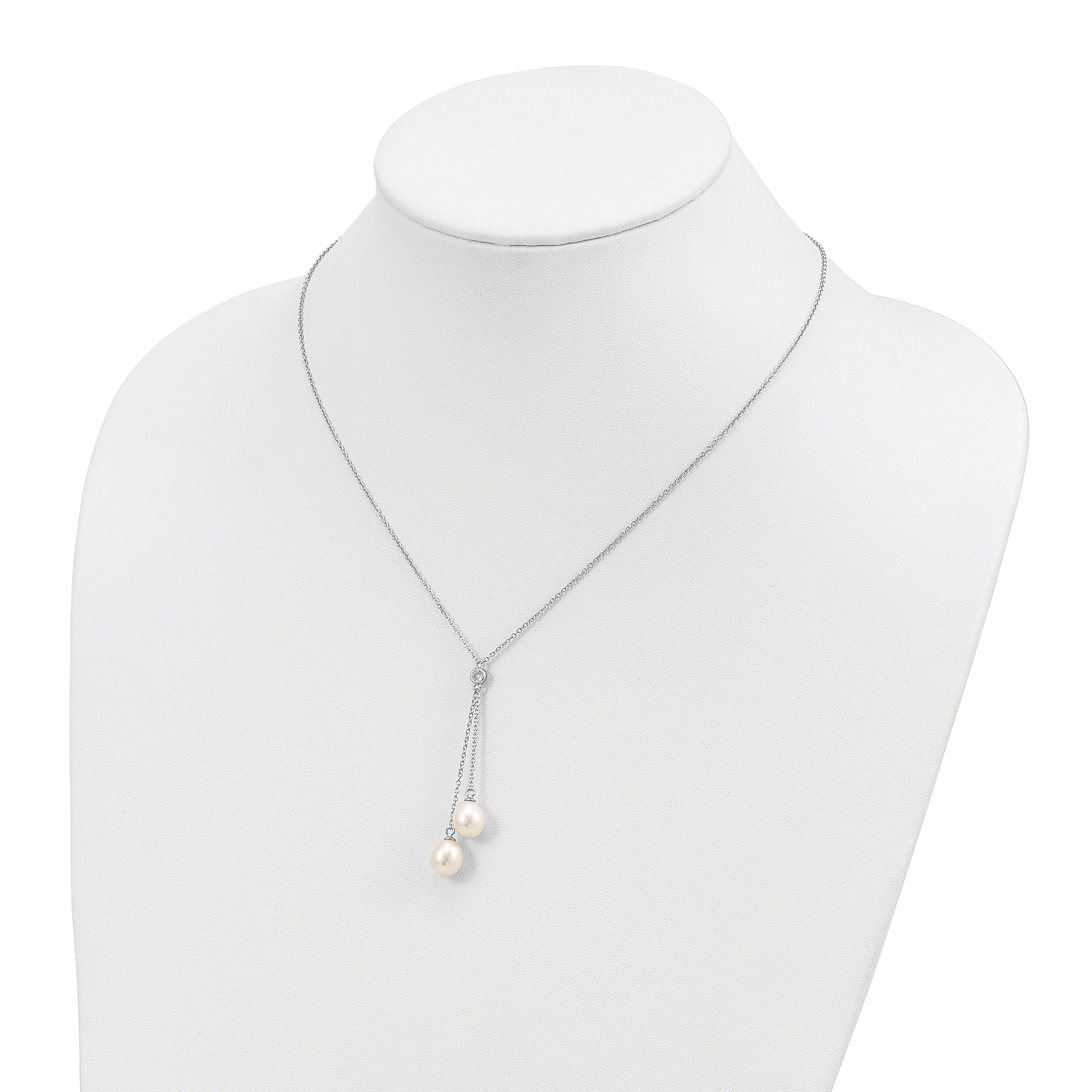 Sterling Silver Rhodium-plated 8-9mm White Rice Freshwater Cultured Pearl and CZ Dangle 18 inch Necklace