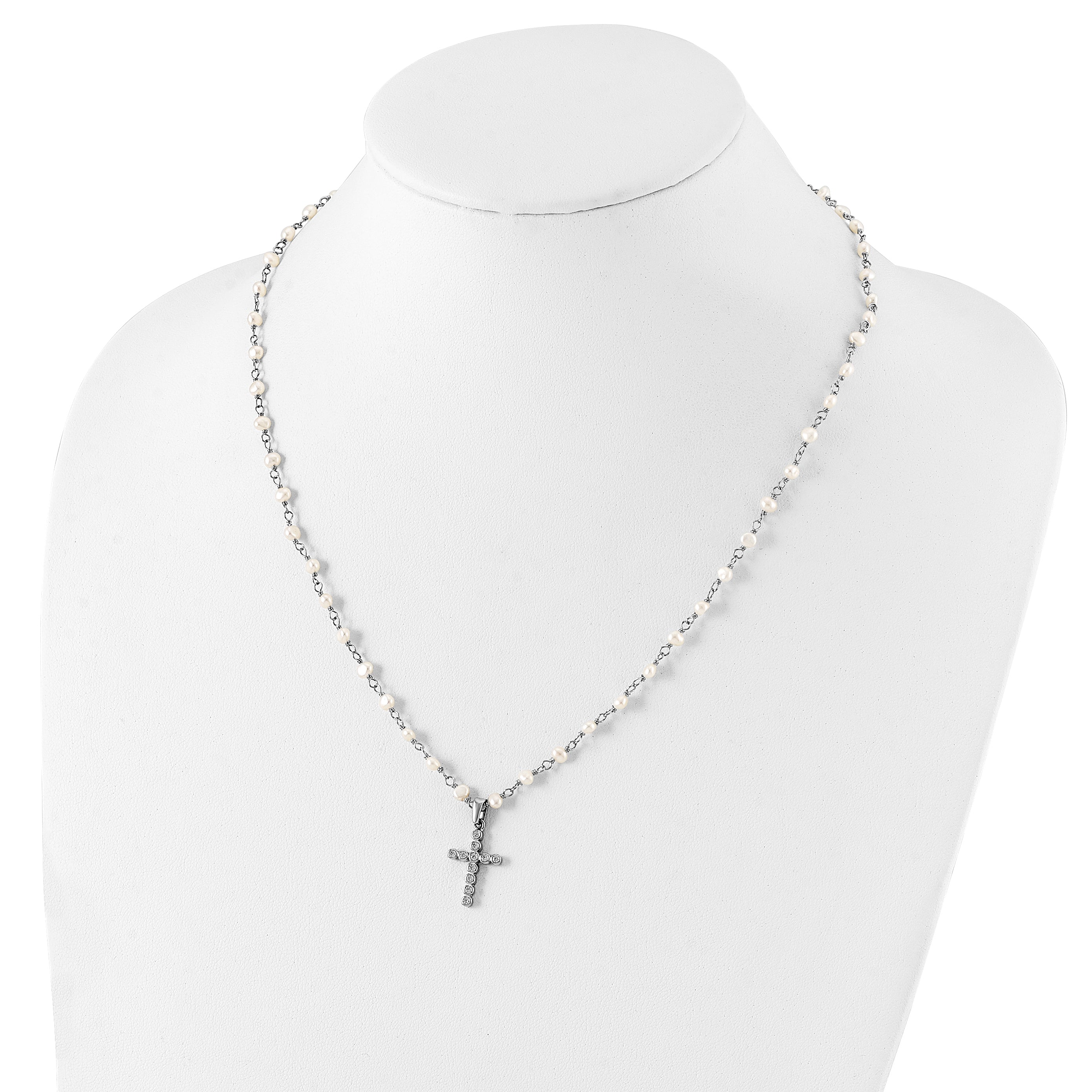 Sterling Silver Rhodium-plated 4-5mm White Near-Round Freshwater Cultured Pearl and CZ Cross 21 inch Necklace