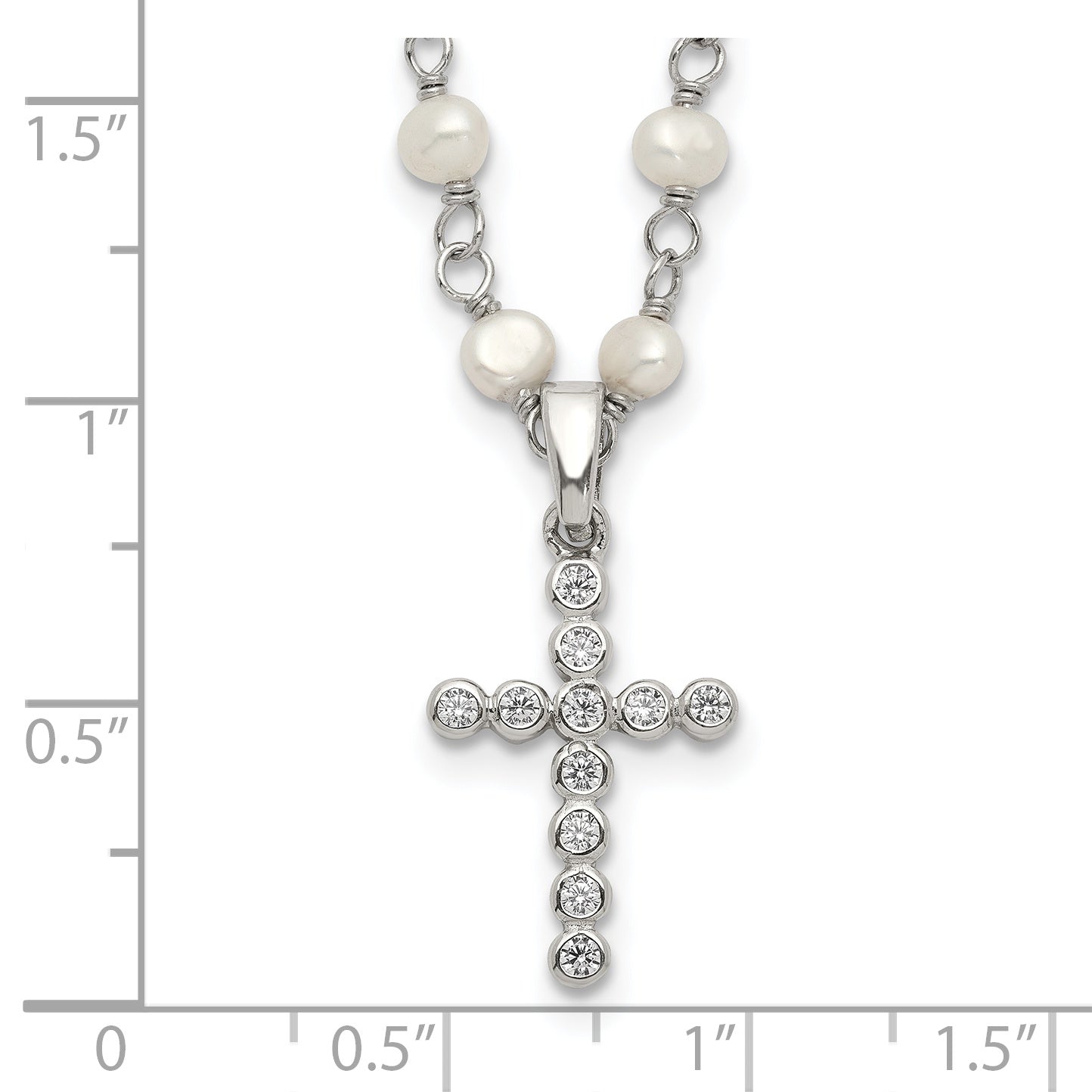 Sterling Silver Rhodium-plated 4-5mm White Near-Round Freshwater Cultured Pearl and CZ Cross 21 inch Necklace