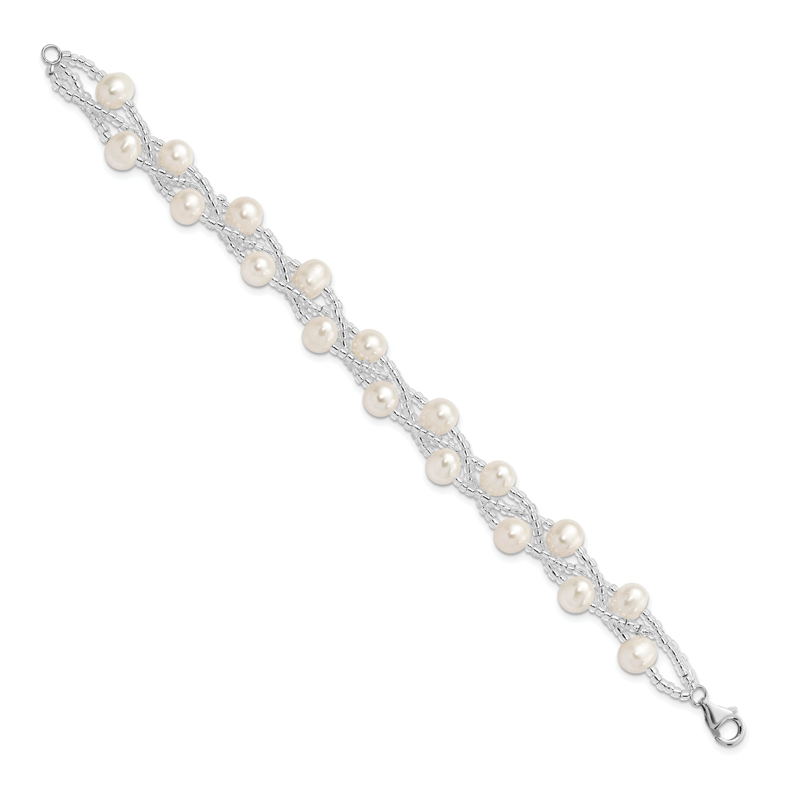Sterling Silver Rhodium-plated 7-9mm White Semi-Round Freshwater Cultured Pearl and Glass Beaded Multi-strand 7.5 inch Bracelet
