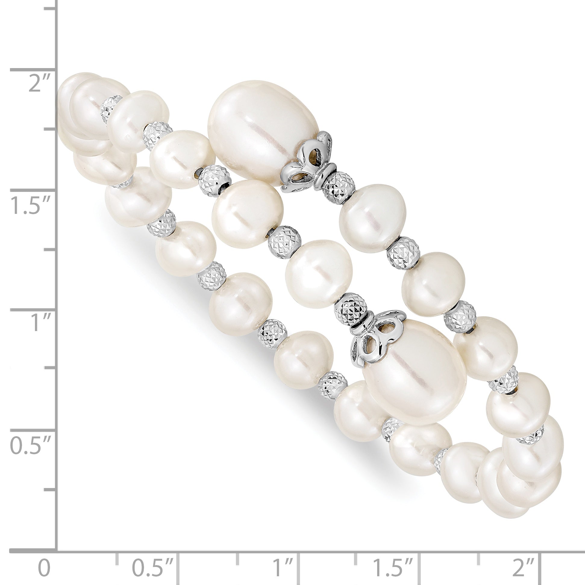 Sterling Silver Rhodium-plated 6-9mm White Teardrop and Near-Round Freshwater Cultured Pearl with Diamond-cut Beaded Wrap Flexible Bangle