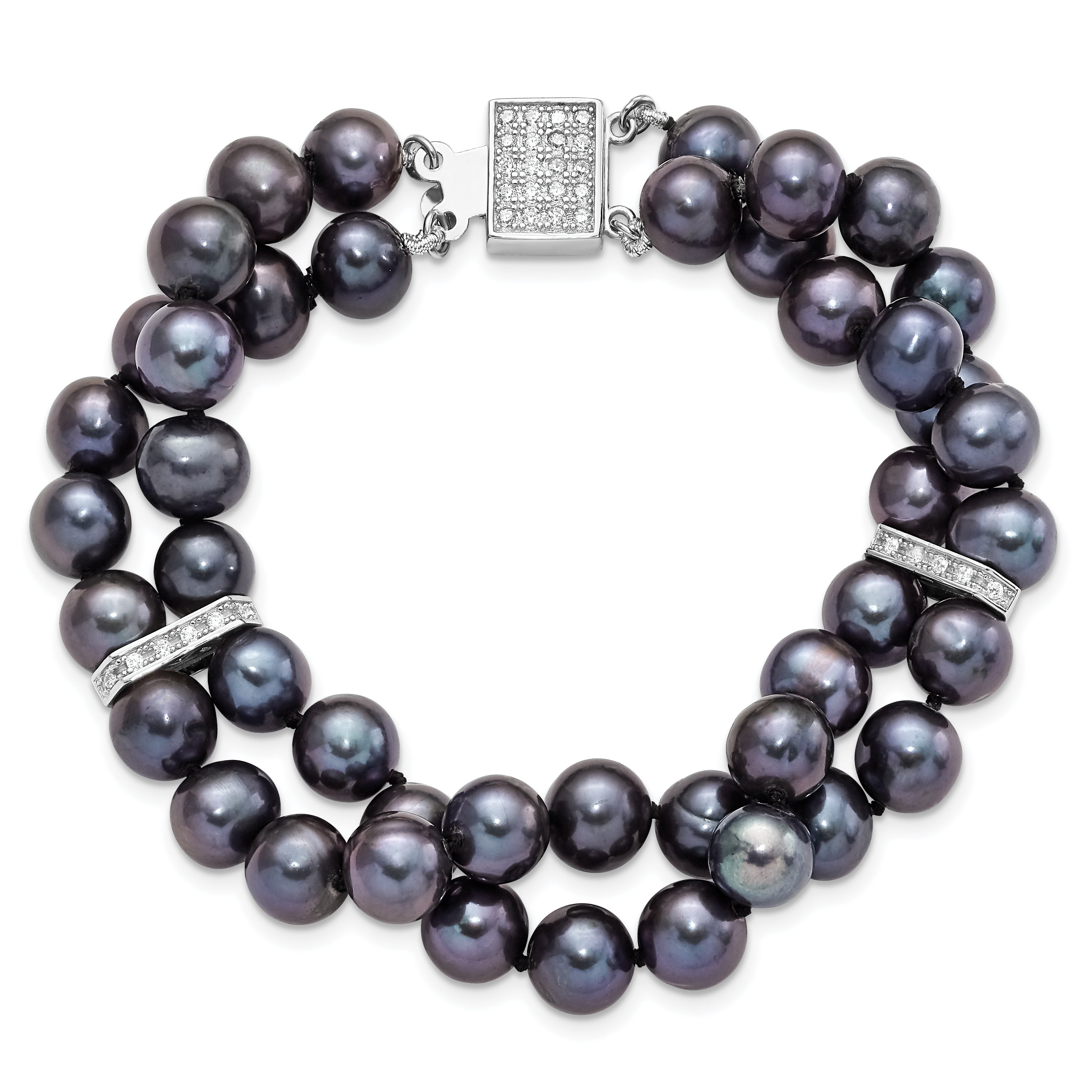 Sterling Silver Rhodium-plated 7-8mm Black Near-Round Freshwater Cultured Pearl and CZ 2-strand 7.5 inch Bracelet