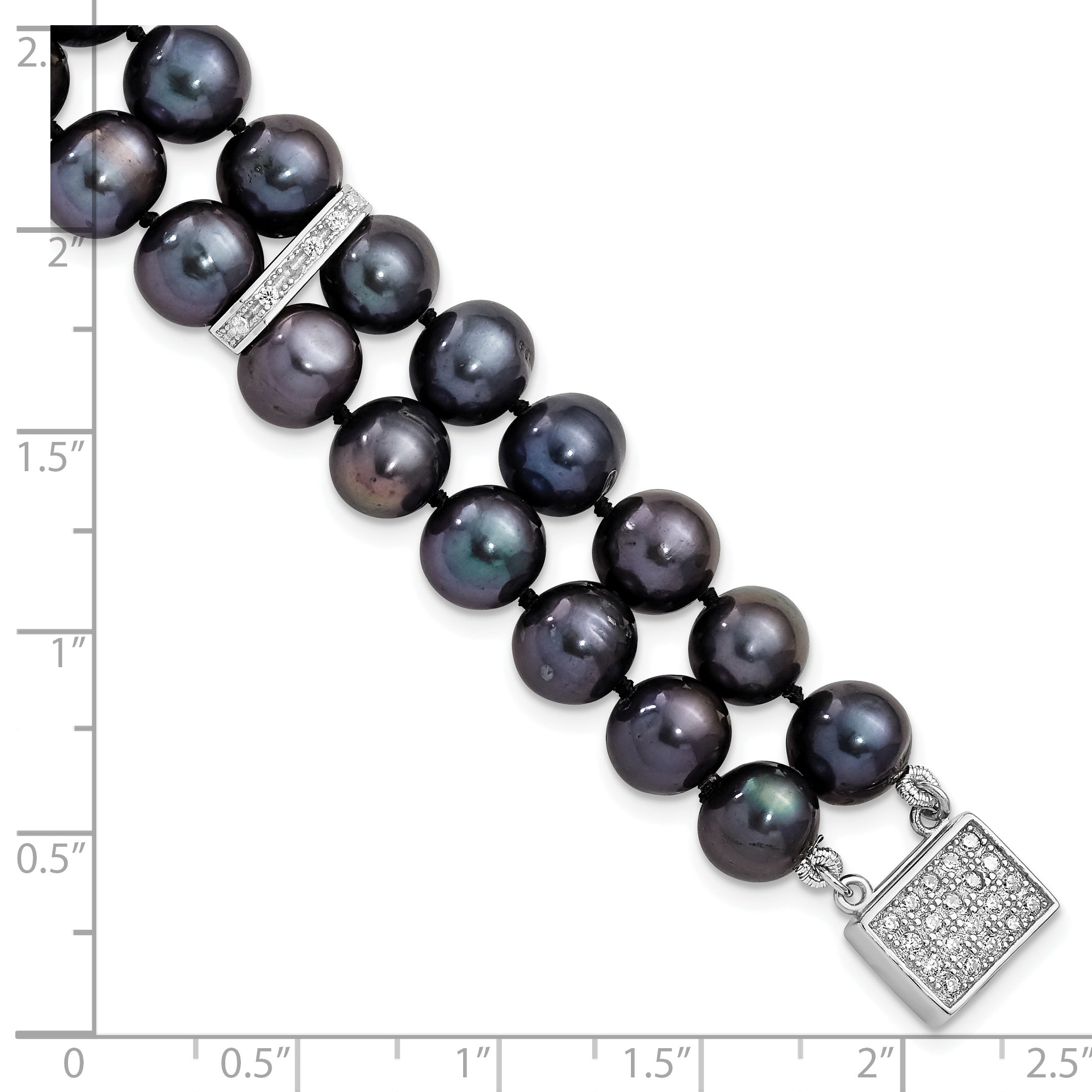 Sterling Silver Rhodium-plated 7-8mm Black Near-Round Freshwater Cultured Pearl and CZ 2-strand 7.5 inch Bracelet