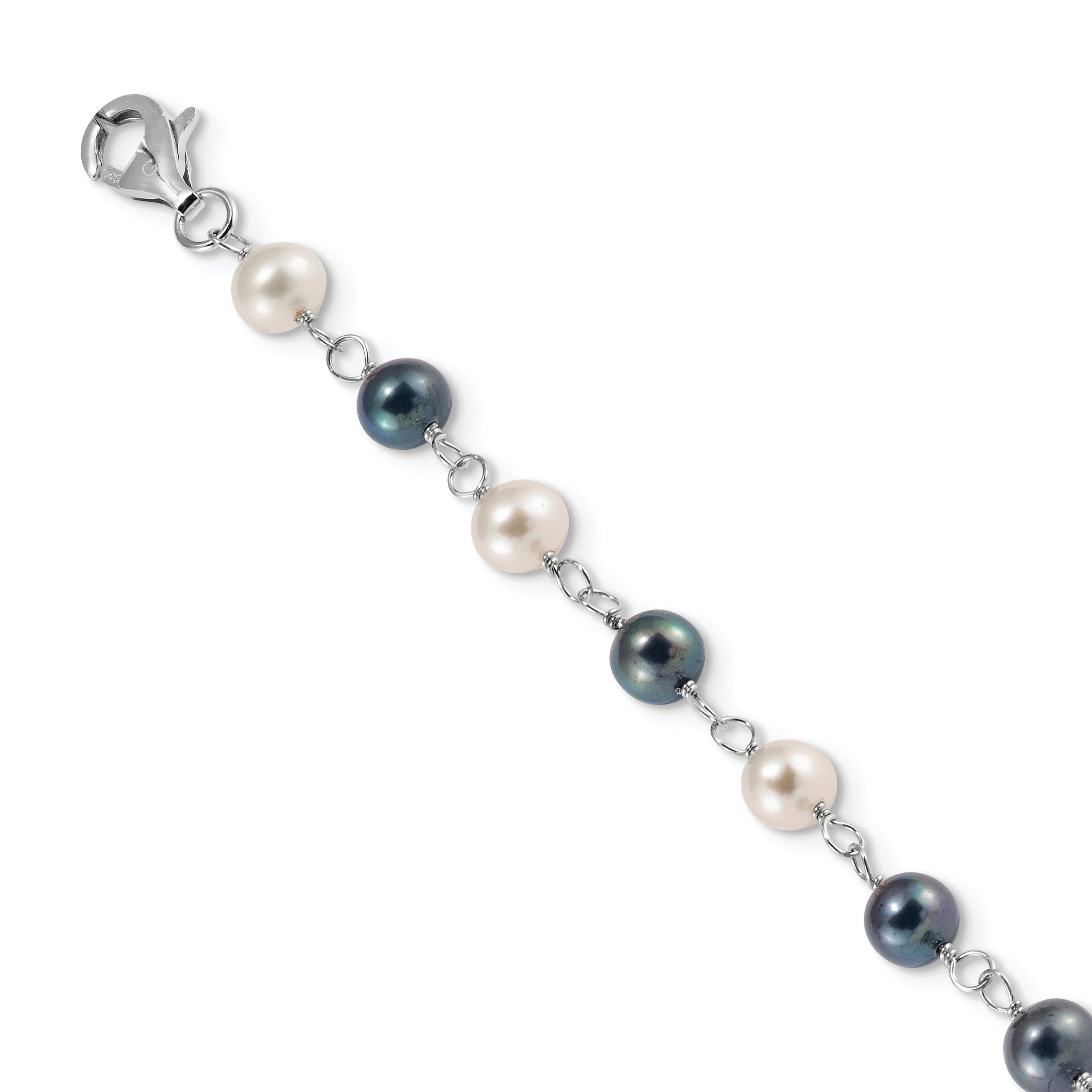 Sterling Silver Rhodium-plated 6-10mm White and Black Freshwater Cultured Pearl Layered 17 inch with 2 inch Extension Necklace
