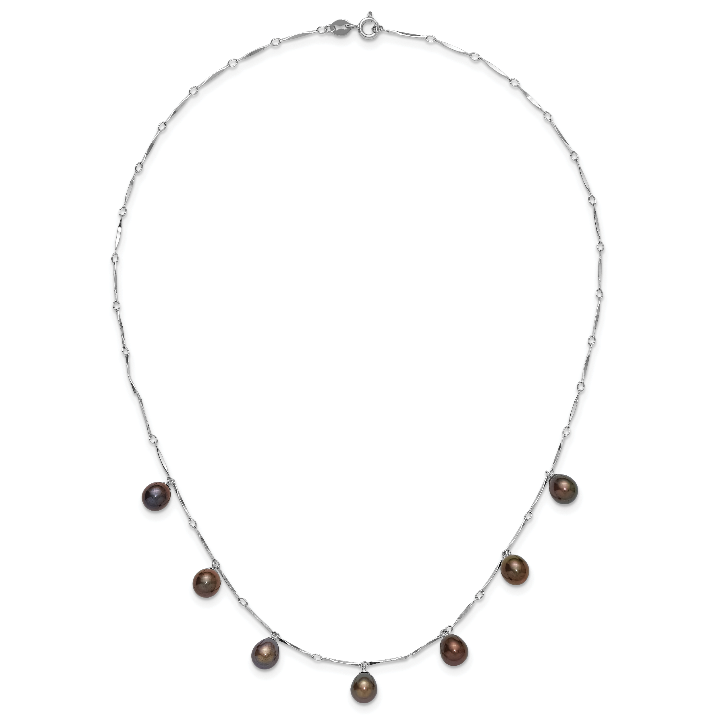 Sterling Silver Rhodium-plated 7-8mm Black Teardrop Freshwater Cultured Pearl Dangle 7-Station 17.5 inch Necklace
