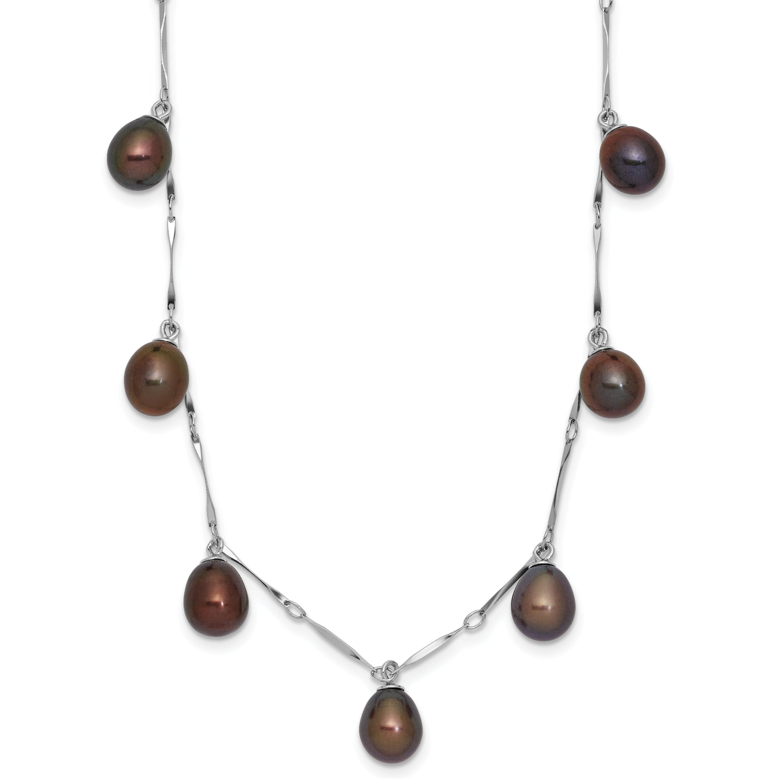 Sterling Silver Rhodium-plated 7-8mm Black Teardrop Freshwater Cultured Pearl Dangle 7-Station 17.5 inch Necklace