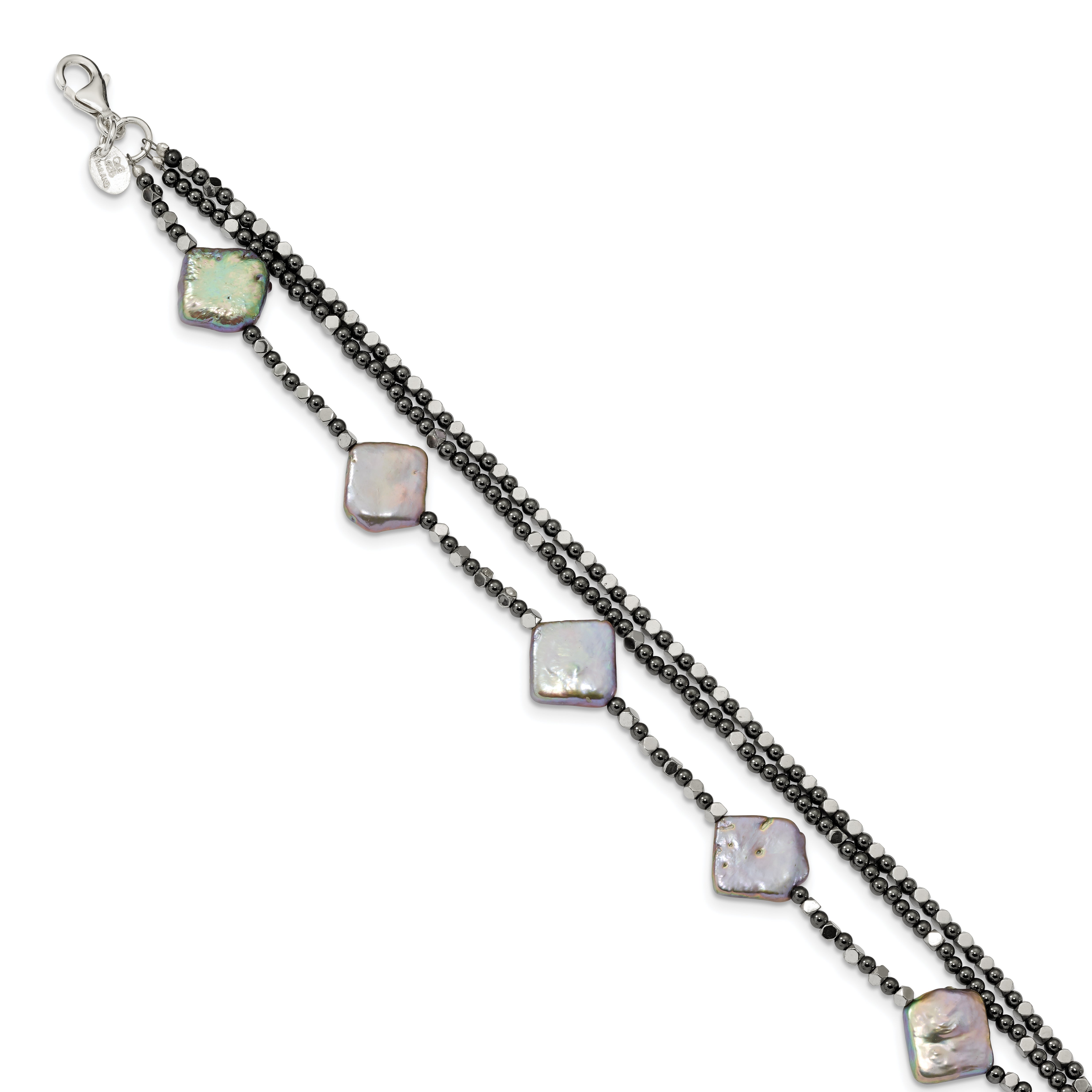 Sterling Silver Hematite & FW Cult. Pearl 3-Strand w1in Ext. Fancy Bracelet