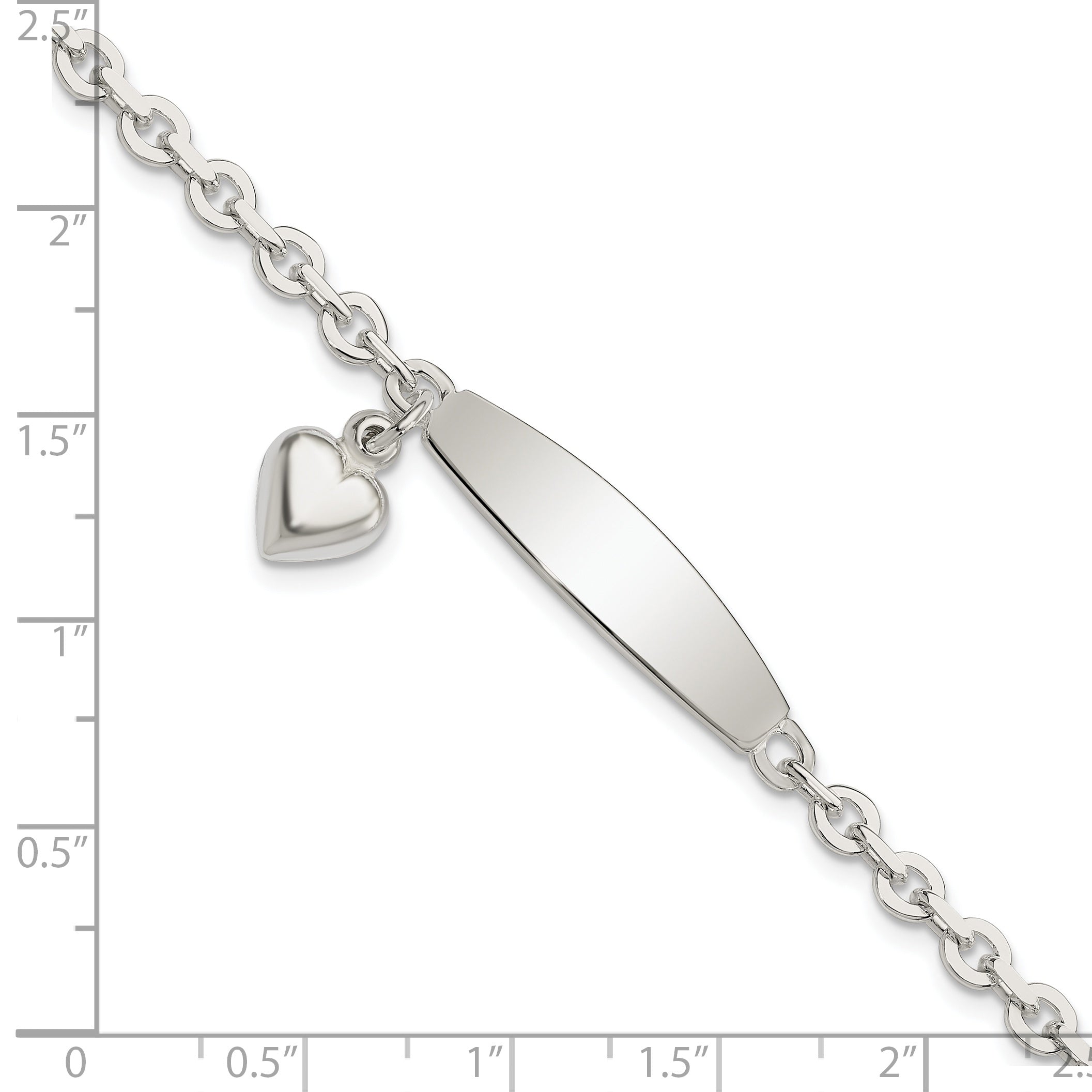 Sterling Silver Polished Rolo Link ID Heart Dangle Bracelet