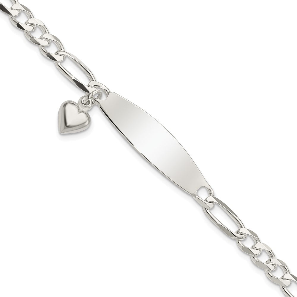 Sterling Silver Polished Figaro ID Heart Dangle Bracelet