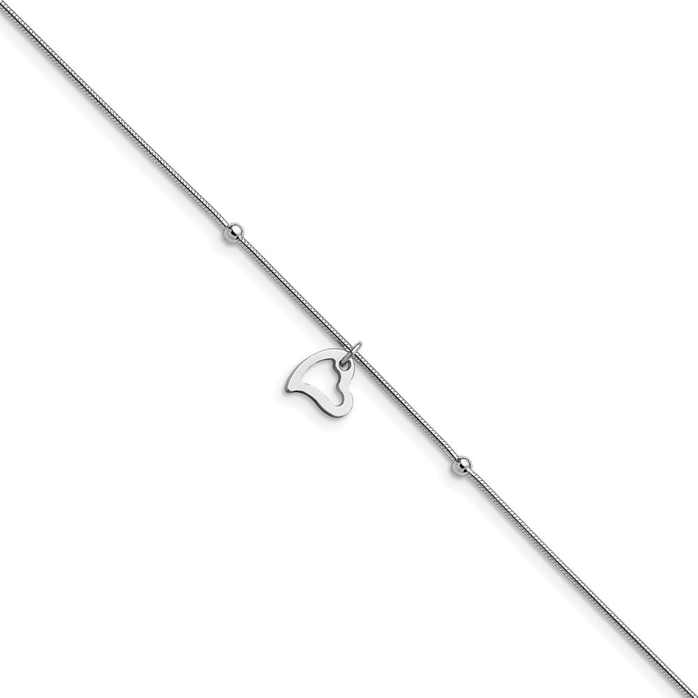 Sterling Silver Rhodium-plated Polished Heart w/1in ext. Anklet