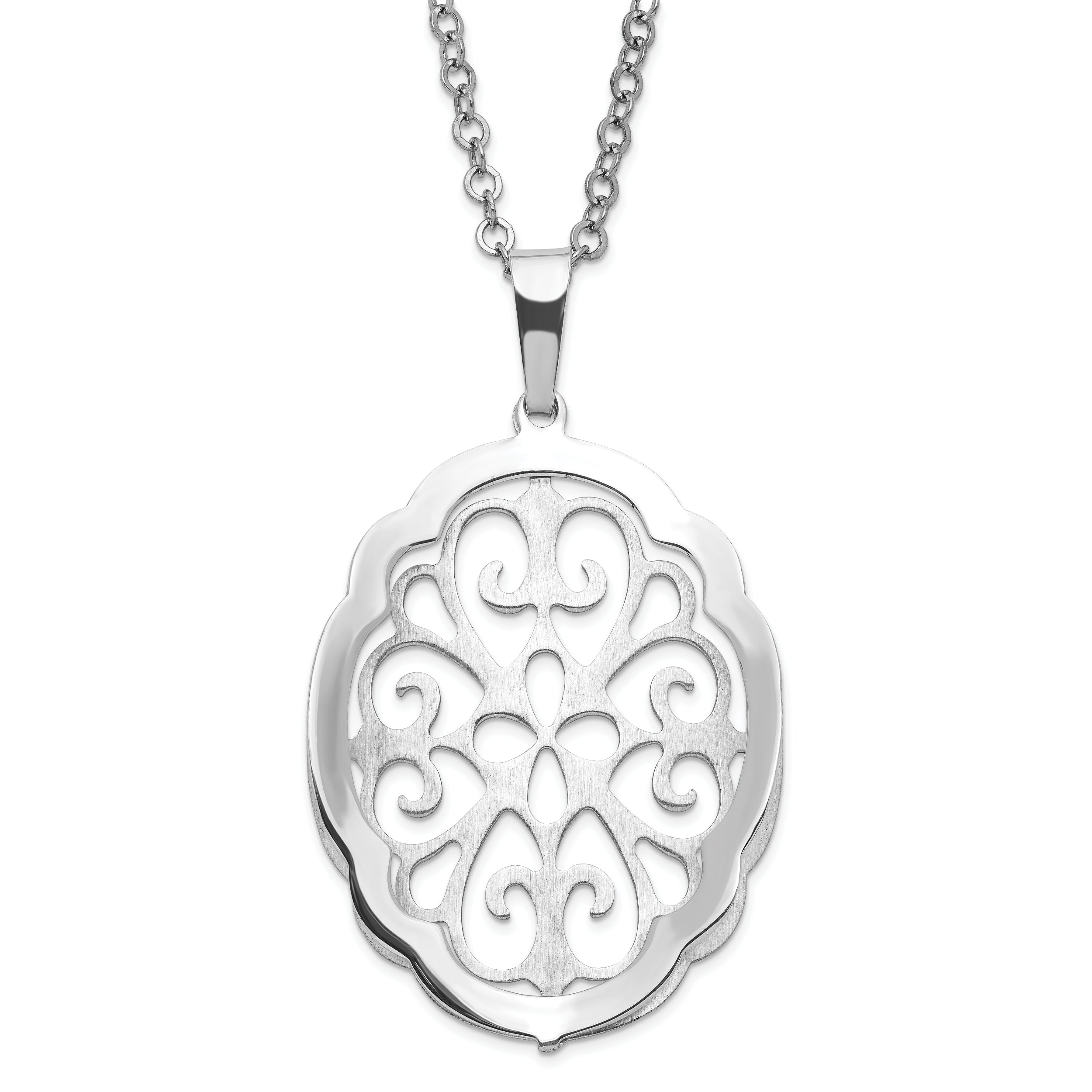 Sterling Silver Rhodium Plated Polished & Satin Fancy Necklace
