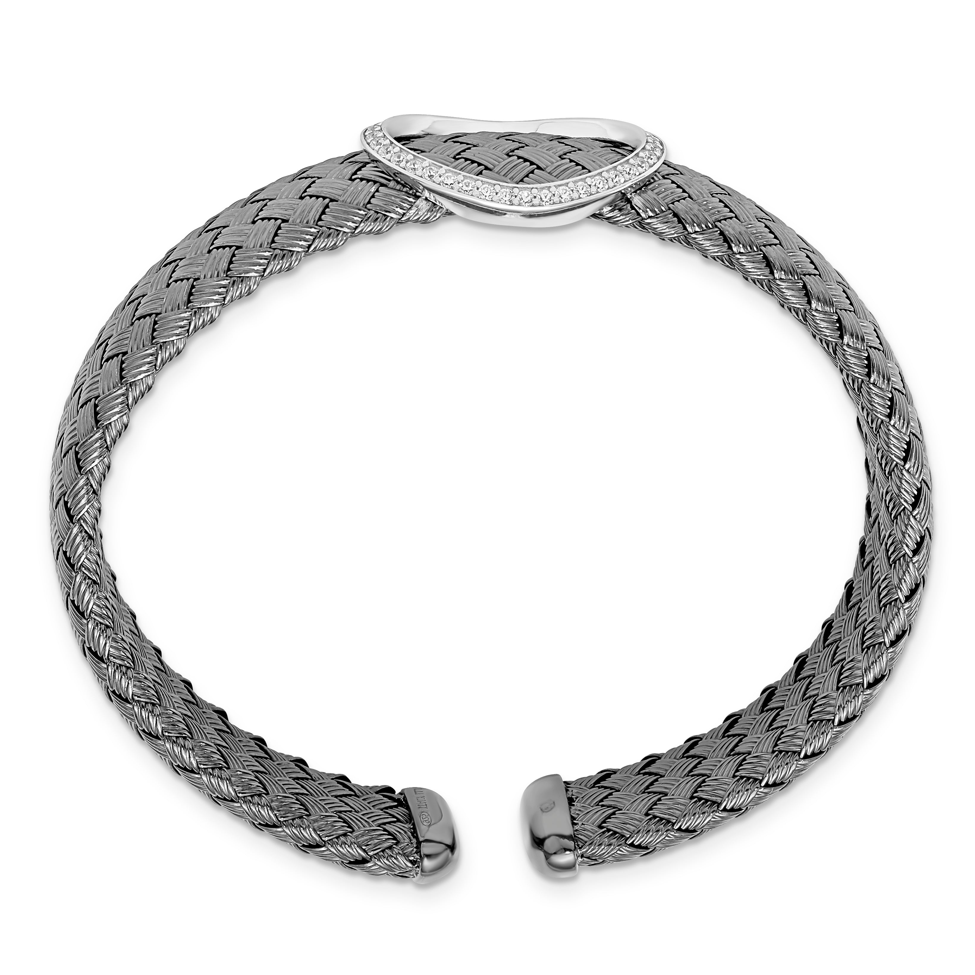 Sterling Silver CZ Black Woven Flexible Cuff