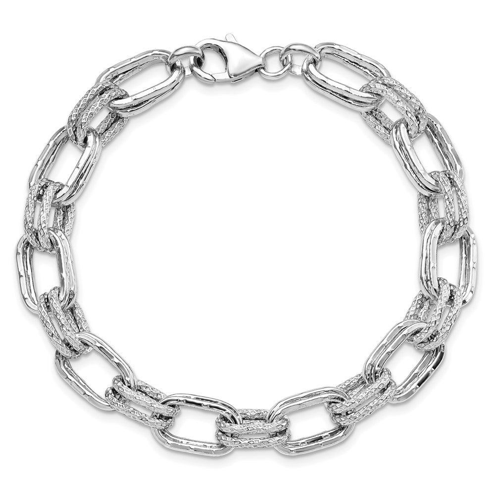 Sterling Silver Rhodium-plated Polished and Textured Link Bracelet