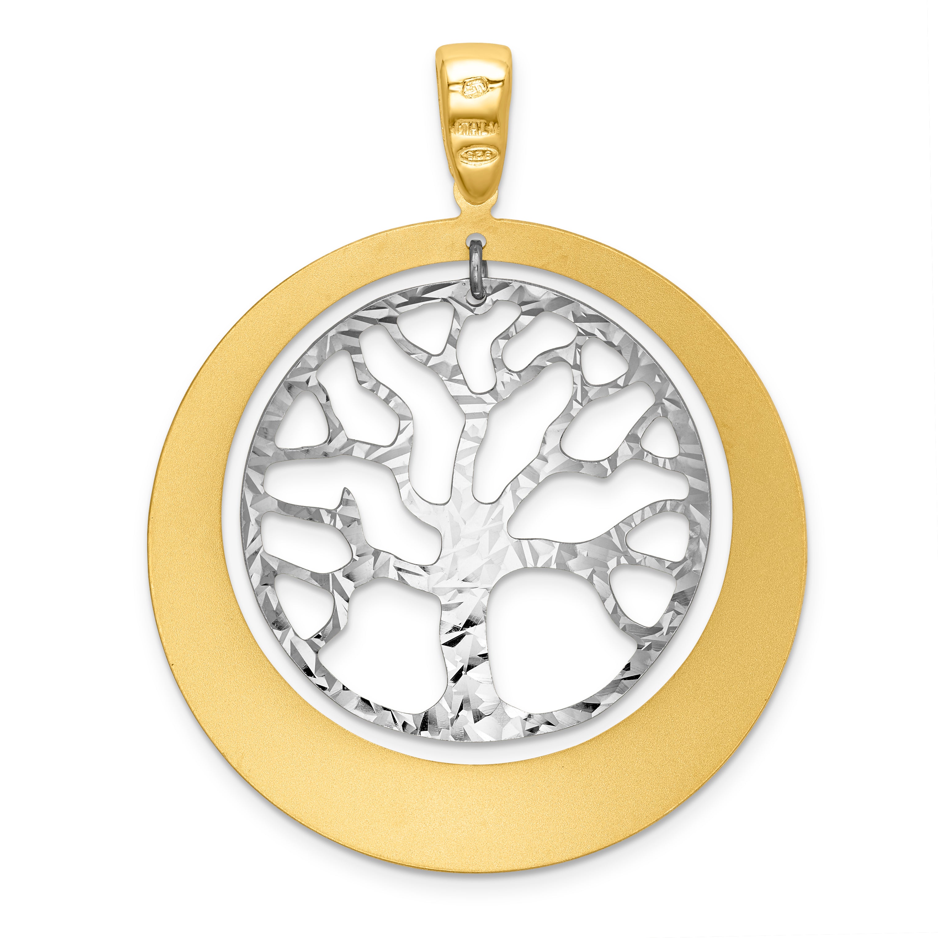 Sterling Silver RH-plat and Gold-tone Textured Tree Pendant