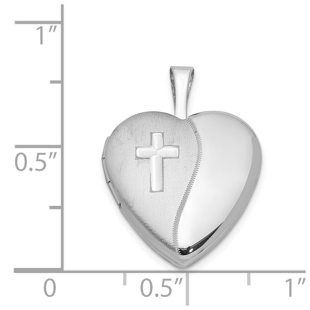 Sterling Silver Rhodium-plated 16mm Polished & Satin Cross Heart Locket