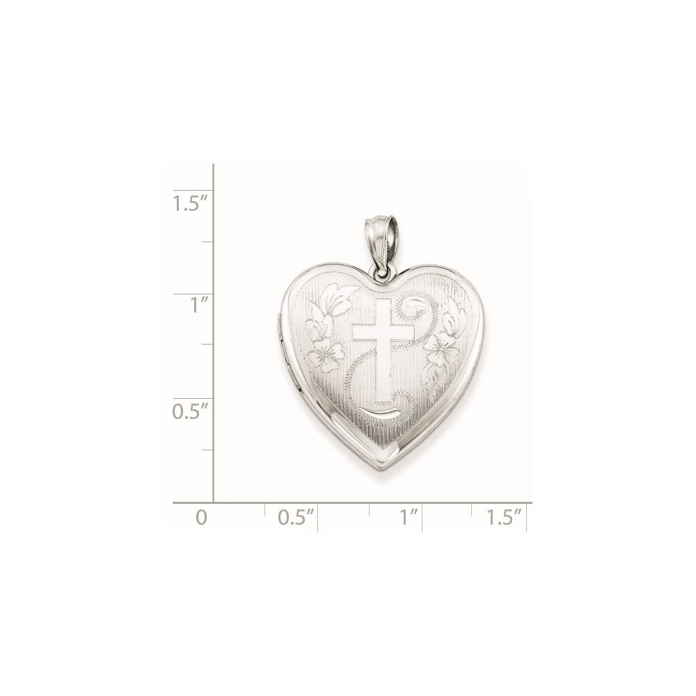 Sterling Silver Rhodium-plated 24mm D/C Cross Heart Locket