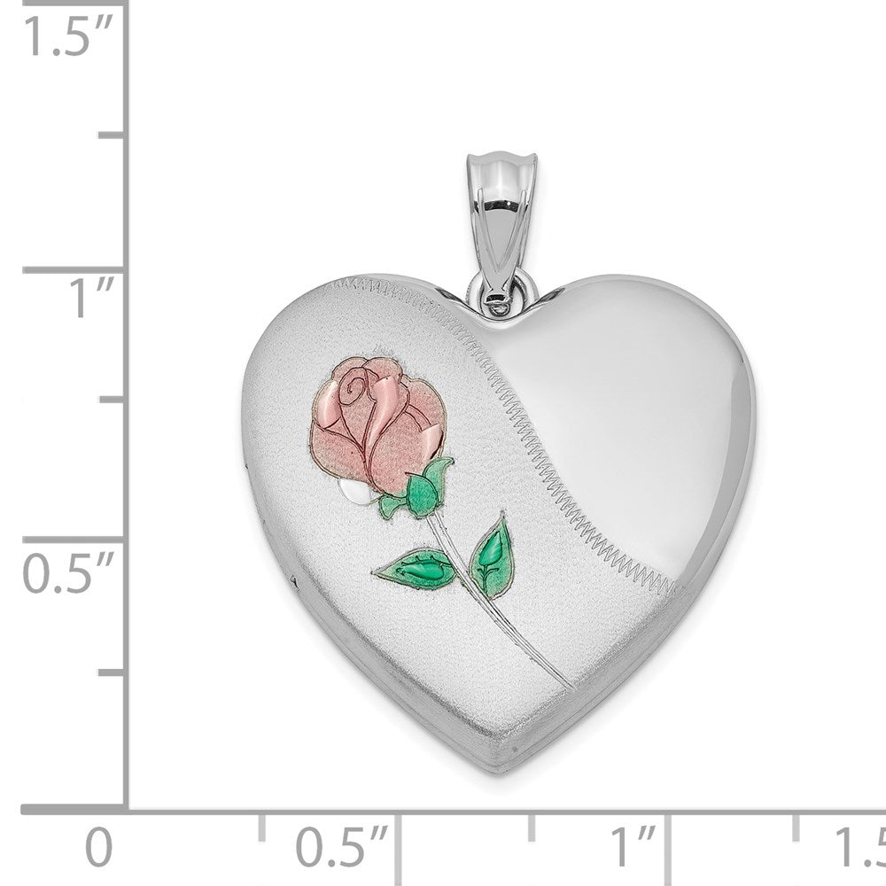 Sterling Silver Rhodium-plated 24mm Satin Enameled & D/C Rose Locket