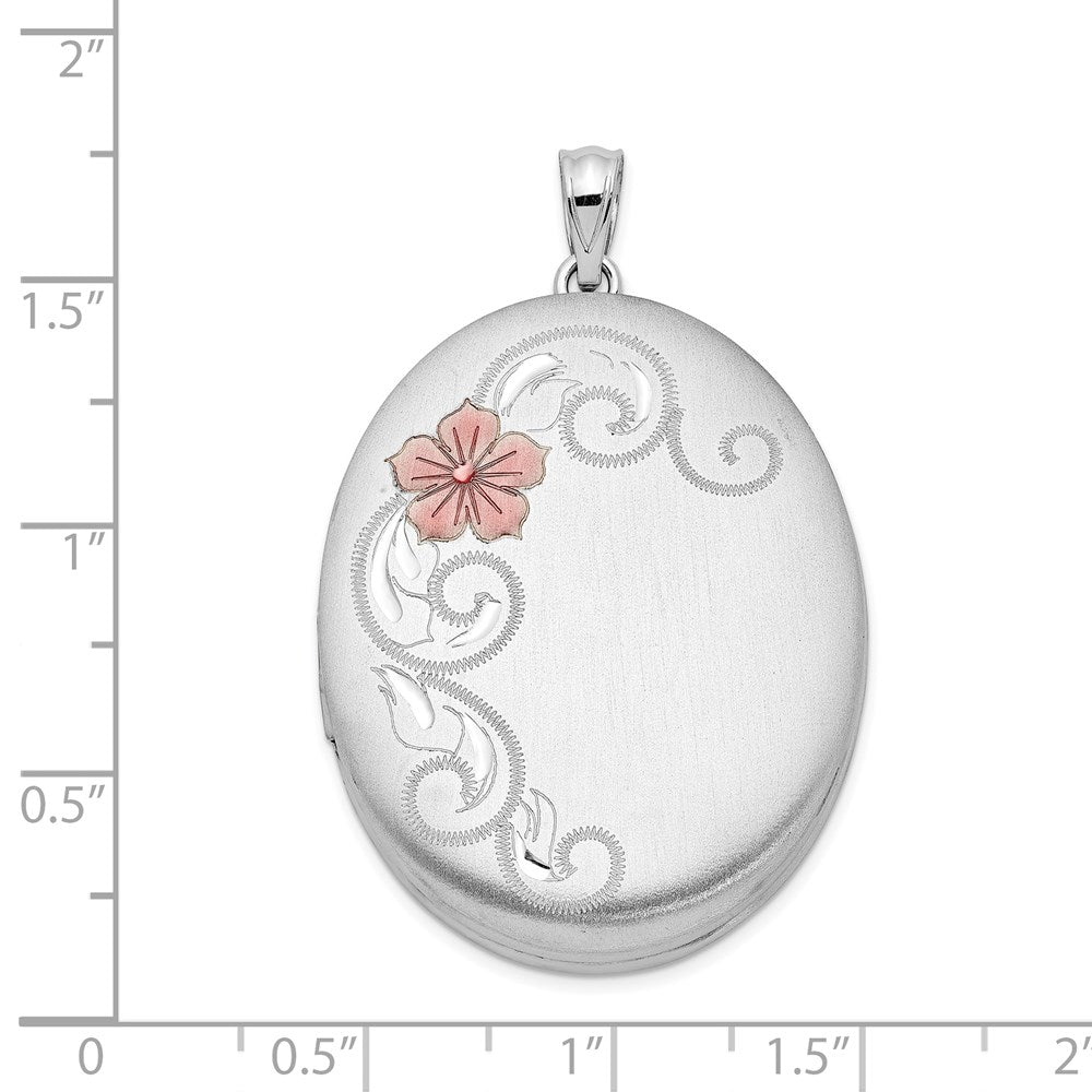 Sterling Silver Rhodium-plated Satin & Enameled Floral 34mm Oval Locket