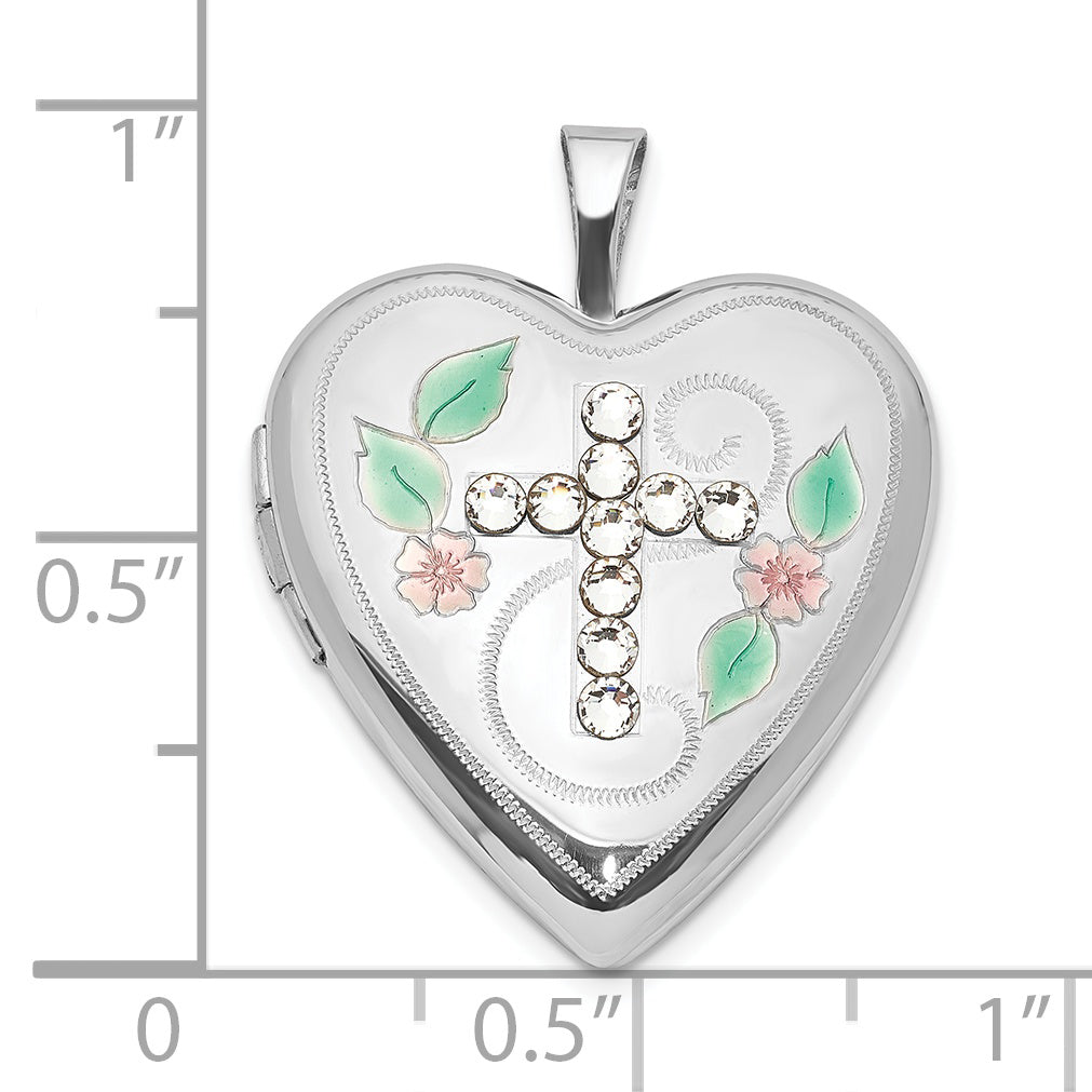 Sterling Silver Green & Pink Enameled Crystal Cross Heart Locket